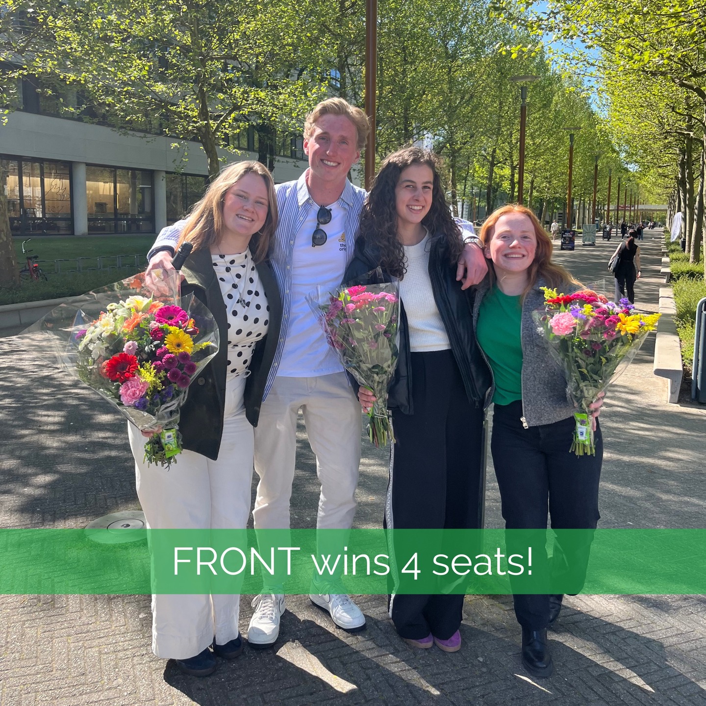 𝐅𝐑𝐎𝐍𝐓 𝐖𝐈𝐍𝐒 4 𝐒𝐄𝐀𝐓𝐒!
Thank you to all the candidates, list pushers, members, everyone who helped us during the elections and ofcourse everyone who voted!! 🙌🏼 We’re so so proud to keep representing the active student with four seats in the University Council 💚💚💚