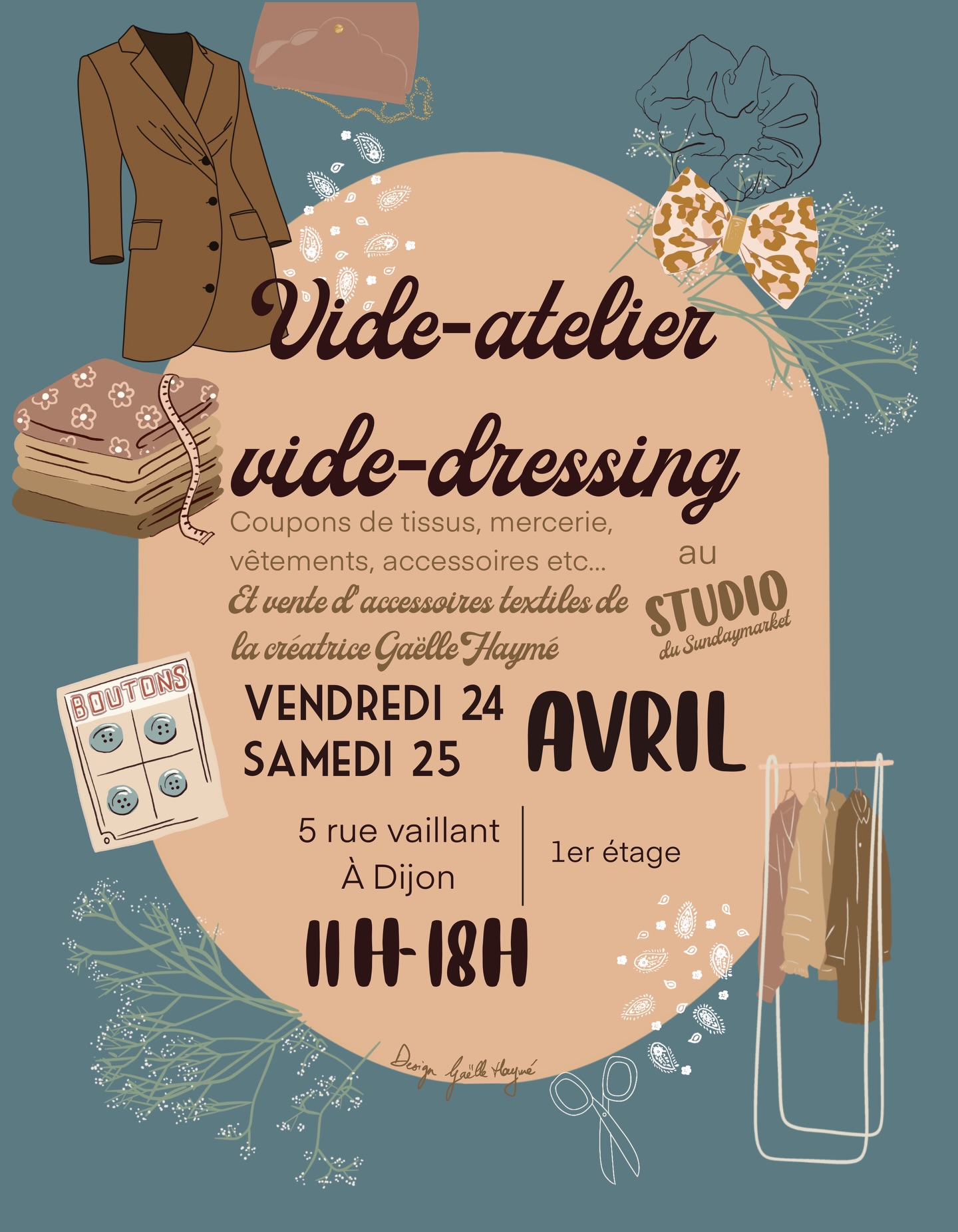 VIDE-ATELIER & VIDE-DRESSING
🌸 Vendredi 24 & samedi 25 avril 2026 🌸
💌 11h - 18h
📍 au Studio du Sunday Market, 5 rue Vaillant 1er étage à Dijon
A retrouver :
✂️ Coupons de tissus petit et grand
🧵Mercerie
🧥Vêtements de la taille 32 à 42
👜Accessoires variés.
🎀 il s’agira également d’une porte ouverte de ma partie boutique ! Donc vous y retrouverez une sélection d’accessoires textiles @gaellehayme
Je vous prépare quelques imparfaits et quelques petits prix 🙌🏻
Il y aura aussi quelques petites choses à chiner.
Pour tous les budgets, à partir de 2€
Deux jours 100% good vibes, très girly, avec des pièces uniques & de saison qu’on a hâte de vous faire découvrir.
Glissez votre tote bag sous le bras, venez fouiller, essayer, craquer... et repartir avec vos coups de cœur
On vous attend nombreux
Infos complémentaires :
Accès grand porte verte vers la pharmacie, sonnette
SundayMarket, puis sous le porche, première porte à gauche, premier étage
ENTRÉE LIBRE
Accès : Bus L6 L8 et Navette Divia Ciity arrêt
Théâtre
À la semaine prochaine !
#videdressing #dijonville #dijonnaise #sortiradijon #dijoncentreville