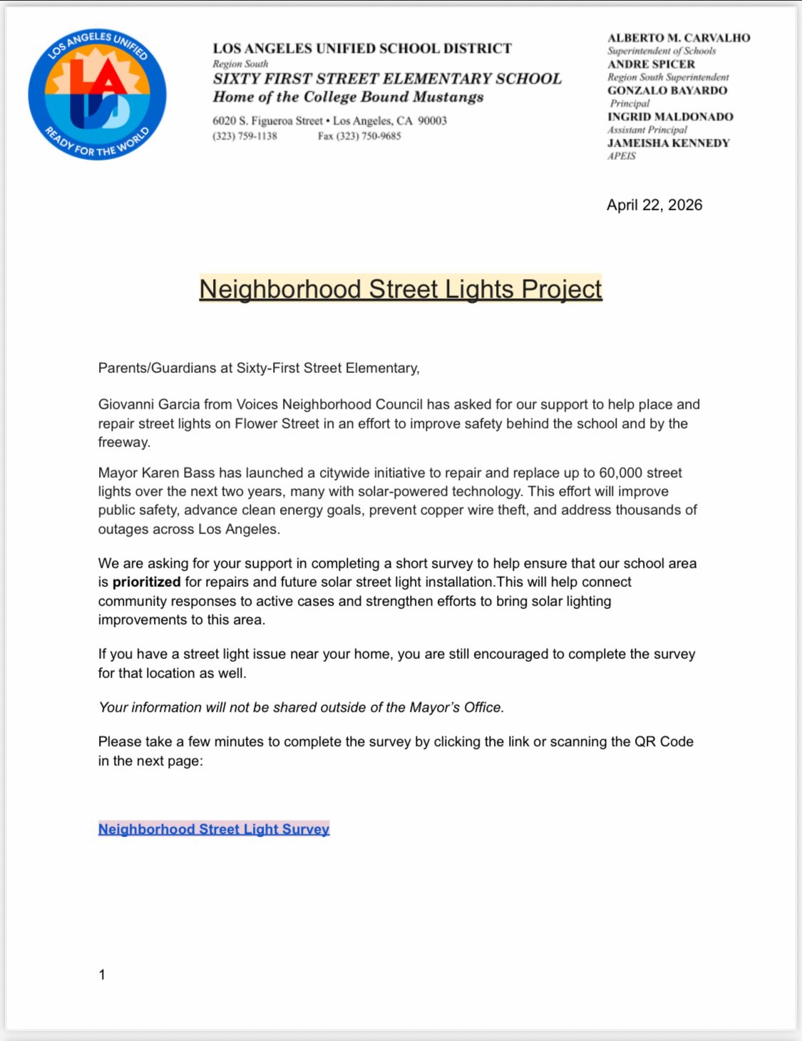 🚨 Street lights out = safety at risk 🚨
In collaboration with 61st Street Elementary, Voices Neighborhood Council is working to push for immediate repairs and long-term investment in solar lighting in our community—especially around the school and nearby areas.
But we need data from the community to move this forward.
📝 Fill out the survey
📍 Include outages near your home — not just 61st St, anywhere in our community
📣 Help us ensure South LA is prioritized
Together, we can bring real change—not temporary fixes.
🔗 Link in bio or scan the QR code
.
🚨 Luces apagadas=seguridad en riesgo 🚨
En colaboración con la Escuela Primaria 61st Street, el Consejo Vecinal Voices está trabajando para impulsar reparaciones inmediatas y una inversión a largo plazo en alumbrado solar en nuestra comunidad—especialmente alrededor de la escuela y áreas cercanas.
Pero necesitamos información de la comunidad para avanzar estos esfuerzos.
📝 Complete la encuesta
📍 Incluya problemas de alumbrado cerca de su hogar — no solo en la 61st St, en cualquier parte de nuestra comunidad
📣 Ayúdenos a asegurar que el Sur de Los Ángeles sea priorizado
Juntos podemos lograr cambios reales—no soluciones temporales.
🔗 Enlace en la biografía o escanee el código QR
#VoicesNC #SouthLA #SurDeLosÁngeles #SafetyMatters #Seguridad