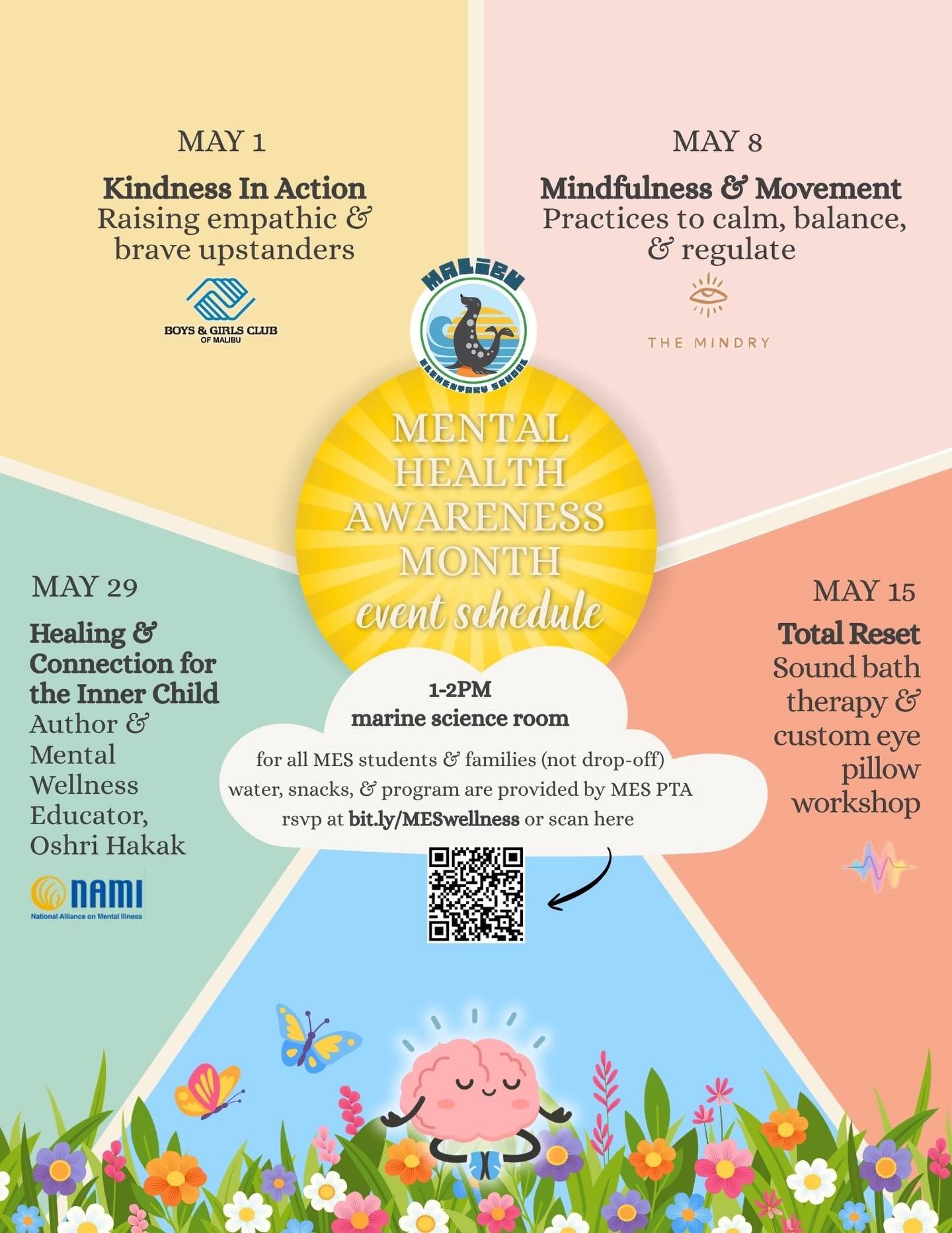 Mental Health Awareness Month at MES 💛
Thursdays in May | 1–2 PM
Families attend together (not drop-off)
Kindness. Mindfulness. Reset. Connection.
RSVP: bit.ly/MESwellness (link in bio)
#MESPTA #MentalHealthAwareness #MalibuElementary #MindfulKids #CommunityWellness