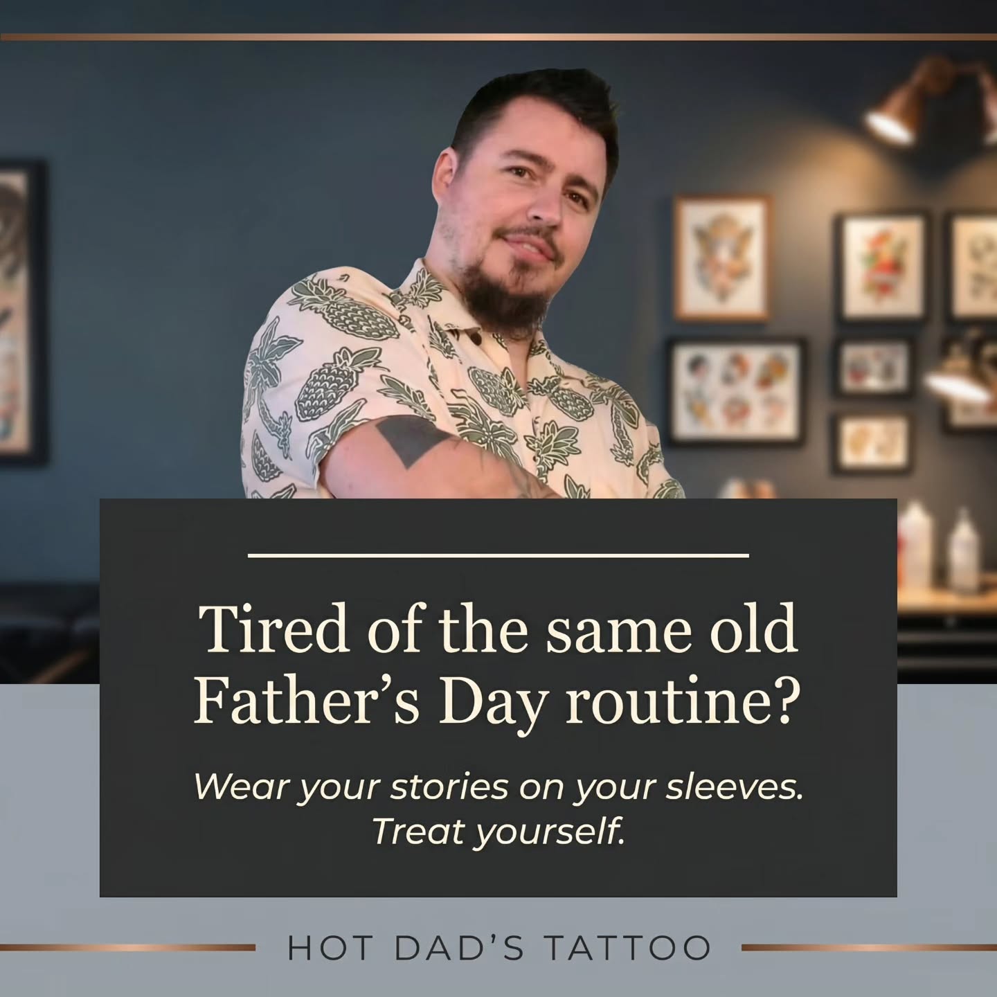 Caption: tired of the same old father's day gifts? get inked with stories that last a lifetime! 🖋️ #InkedDads #TattooStories #FathersDayInk