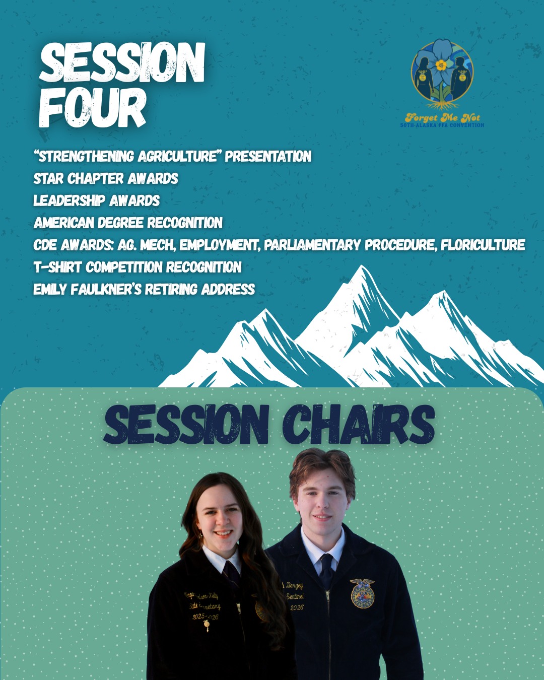Join us in Session Four on Friday Morning!
Session Starts at 8:00 AM
Not able to be in person? Join us Live on YouTube at "Alaska FFA Association"