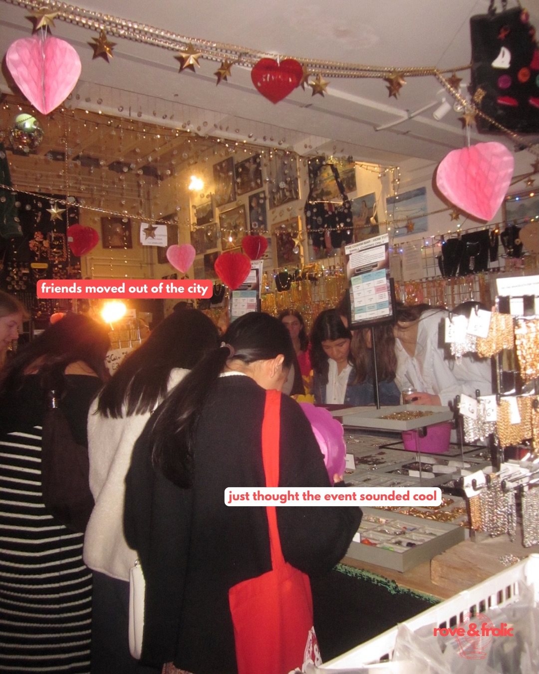 There’s so many reasons why women join us for a social, and maybe you’re also feeling like it’s time to step out of your comfort zone and expand your circle. Whatever your why, you’re welcome here! And we can’t wait to meet you. 🥰🫶
Together we’ll explore this amazing city and discover all its gems from that Nashville-inspired bar where we go line dancing to the eclectic jewelry shop where we make our own charm necklaces. We’ll get dressed up for themed dinner parties, meet up for coffee and charity shopping and so much more.
Registration is open for our next two socials, so what are you waiting for? Let’s rove and frolic together 🤝