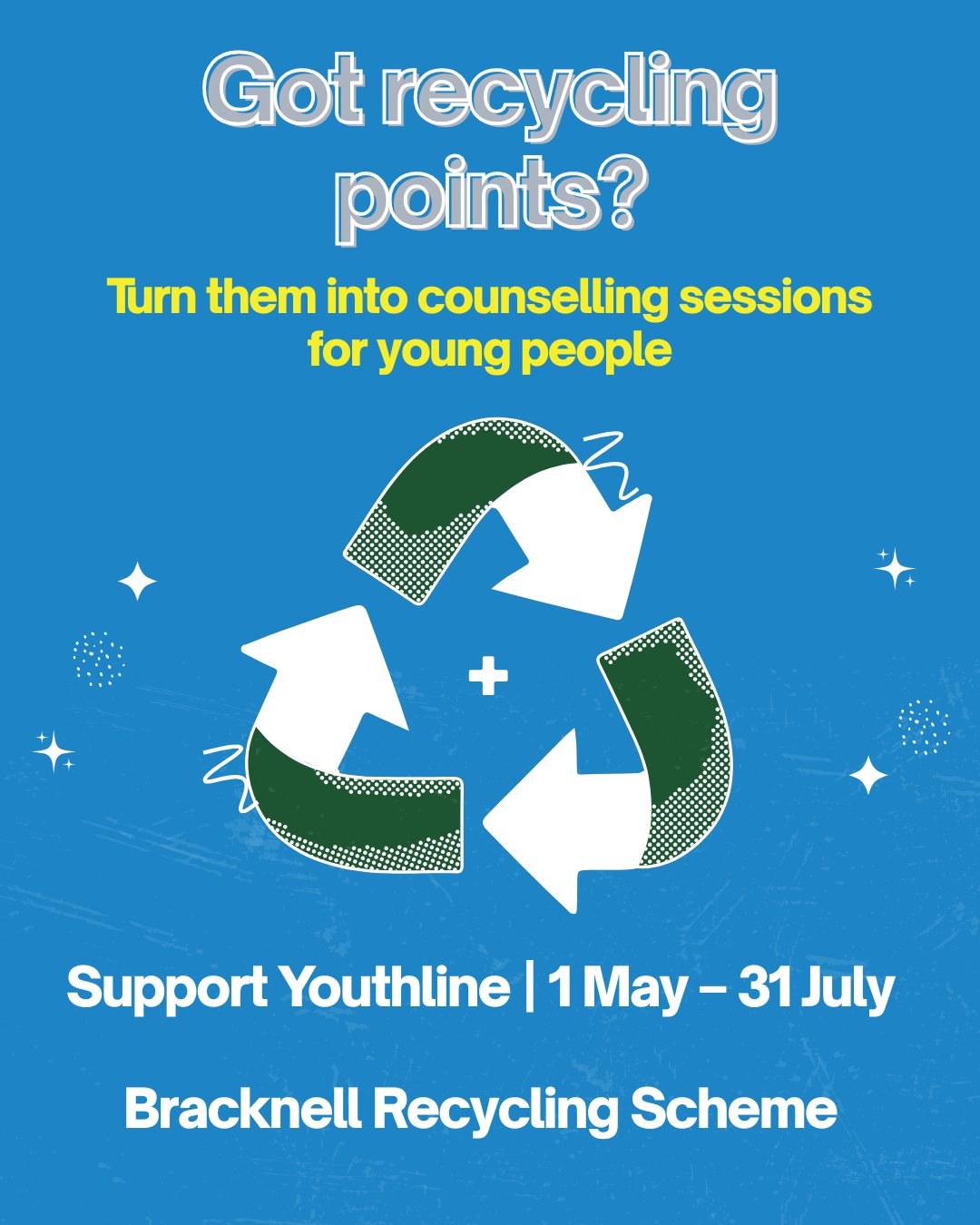 A small ask… 💚
Youthline has been selected as one of three good causes in Bracknell Forest Council’s recycling incentive scheme.
If you’re already signed up, you can choose to donate your recycling points to Youthline between 1st May – 31st July.
These points are turned into funding, helping us provide counselling sessions for young people across Bracknell Forest.
We know not everyone will be part of the scheme, but if you are — your support really does make a difference.
Thank you 💚
#BracknellForest #Recycling #Bracknellrecycling