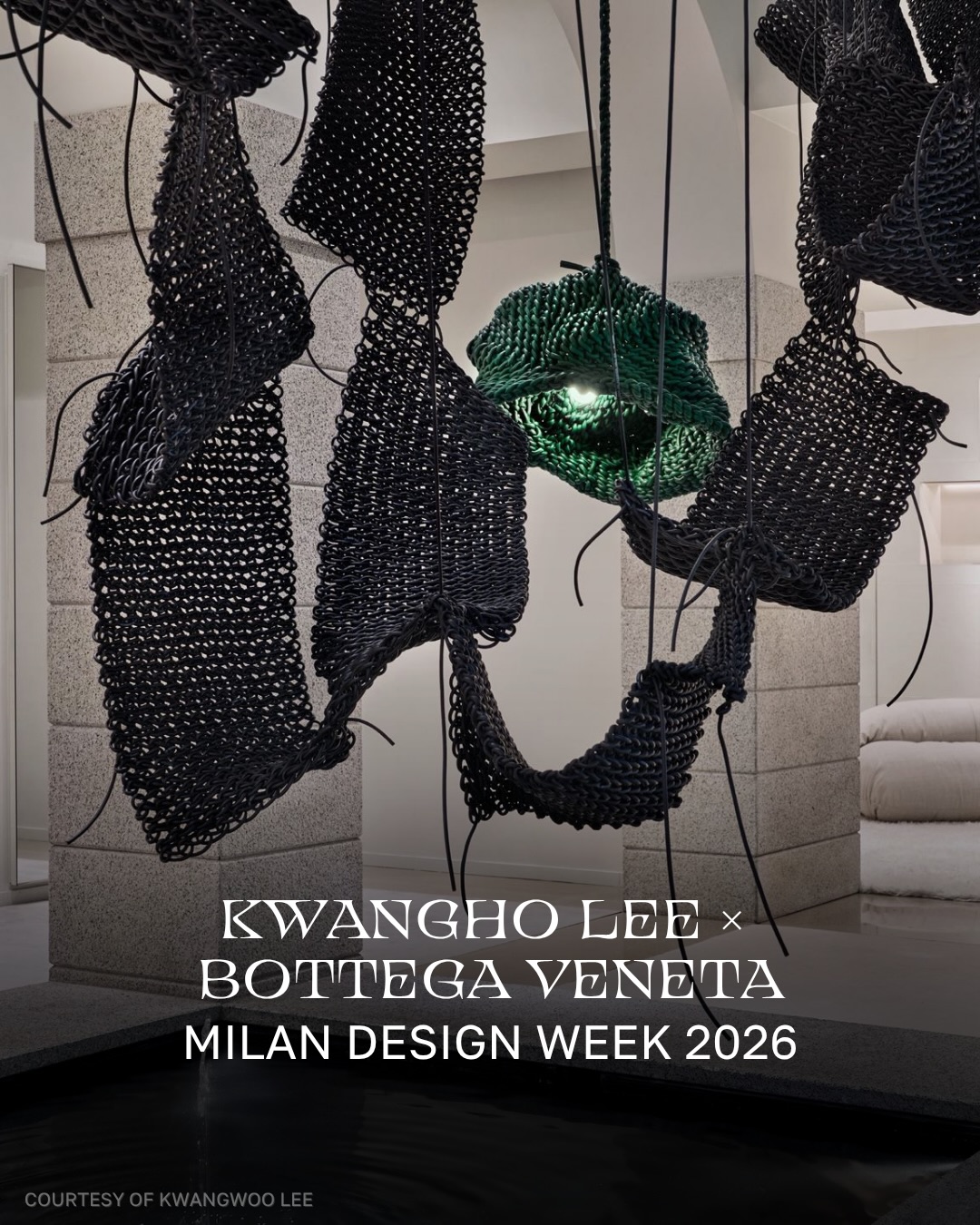 Fvtvrist Gaze: Milan Design Week 2026
Kwangho Lee @_kwangho_lee at Bottega Veneta’s @newbottega Via Sant’Andrea store, Milan.
LIGHTFUL. A site-specific installation where leather cords cascade from the ceiling in slow green-and-black tangles, swooping above the store’s first-floor water feature like vines over a lake. Woven into basket forms, they conceal softly glowing LEDs.
This is the third chapter of the Korean artist’s ongoing dialogue with Creative Director Louise Trotter @louise_trotter_ , following the Summer 2026 show space and Weaving the World: The Language of Intrecciato in Seoul.
Kwangoo Lee’s vocabulary (basketry, chilbo enamelling, Korean weaving traditions rerouted through aluminium, marble, copper, even bundled rice) meets Bottega’s leather fettucce in bespoke black and green hand-picked by Trotter and developed with the artisans of the Montebello Vicentino atelier.
Fresh from NUOVO Hong Kong during Art Basel Week’ 26 @nuovo.id
HT #FvtvristGaze #MilanDesignWeek2026 #KwanghoLee #BottegaVeneta