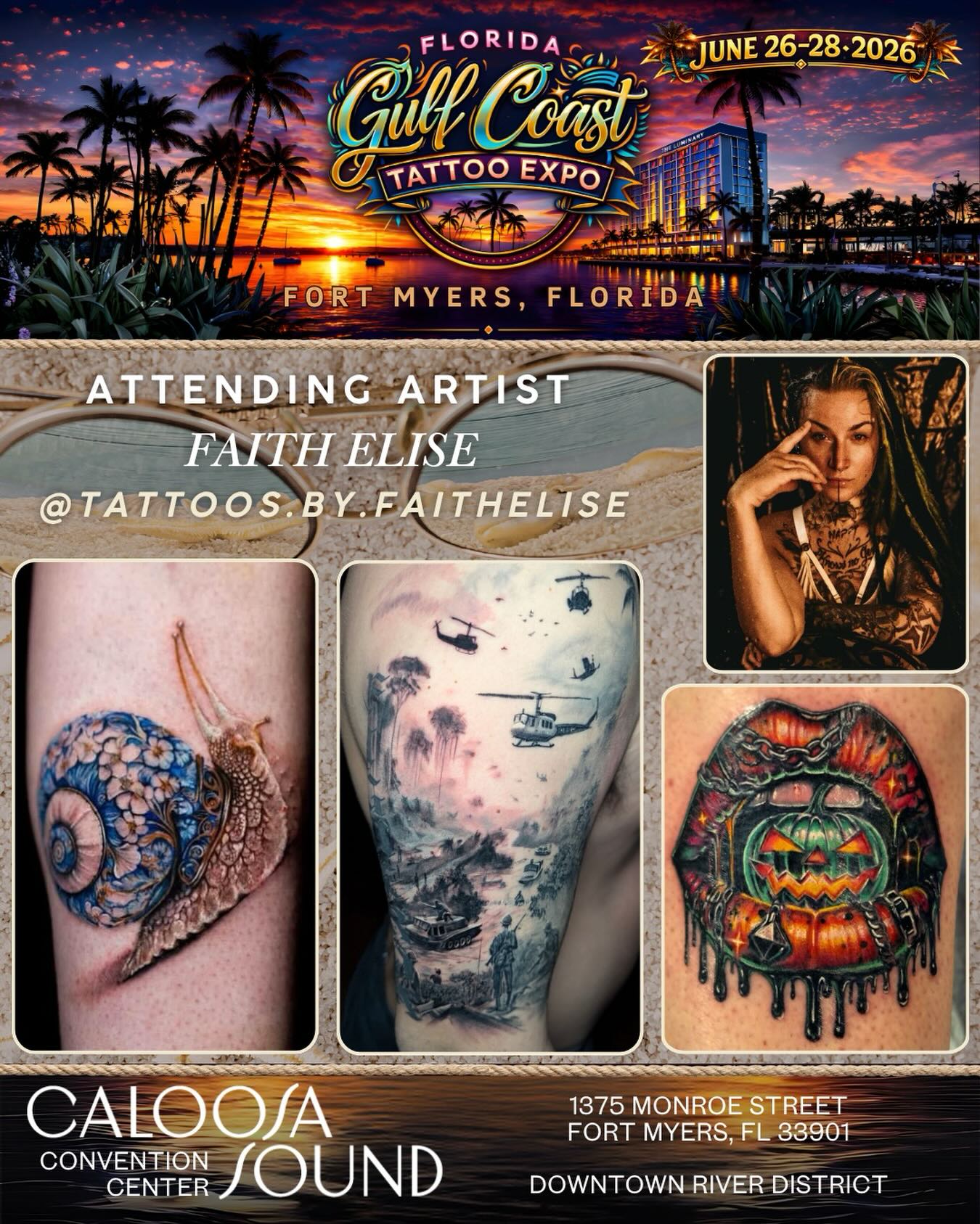 Please help us welcome @tattoos.by.faithelise to the 2026 @floridagctattooexpo, to be held June 26-28 at the Caloosa Sound Convention Center in the Historic River District of Downtown Ft. Myers, Florida!
✉️ Please DM @tattoos.by.faithelise for all inquiries about walk-ups and/or appts at the show!
🚨 Over 200 tattoo artists
🚨 Dozens of retail/art/merch & supply vendors
🚨 SWFL’s LARGEST TATTOO CONTEST… judged by Yallzee, Alwin Perez & TattooCasper
🚨 MC Joey Tattoo
🚨 Live music by Smack Daddy: and
🚨 Live sculpting and horror play by the famous Wayne Anderson Designs and his SWFL Haunted Attraction: Legends of Oblivion (hauntedswfl on IG)
🚨 Amazing Food & Libations
🏆🏆 We separate healed and fresh tattoo contests at this show! Healed categories are open!!! Like your piece? Enter it. Artists not tattooing at the show? Cool - send or bring your client!
Kids 12 and under are free, however parental discretion is advised due to language, risqué shows, and possible nudity.
🎟️ Tickets can be purchased on our website. Link in the bio.
⏰Hours: 11am-11pm Friday & Saturday 11am-7pm Sunday
🏨Also, if you would like to Stay & Play for a night or two, the Luminary has extended us an even better group rate starting at $189/night, which is a steal for this normally $350-$600 per night hotel! Reservations can only be made on our website www.floridagctattooexpo.com/hotel
#floridagctattooexpo #swfl #fortmyers #capecoral #tattooed