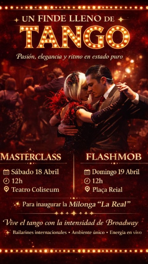 💃✨ Querida comunidad tanguera!
La compañía FOREVER TANGO nos regala una oportunidad única 🔥
👉 MASTER CLASS exclusiva!
Sábado 18 de Abril a las 12h en el Teatro Coliseum 🎭con tu entrada o invitación para el estreno, podrás asistir:
👀 Como espectador (ideal para principiantes, familiares o amigos)
💃 Como alumno (nivel AVANZADO de tango)
📣 Y esto no acaba aquí…
💥 El domingo 19 de Abril a las 12h
El elenco de FOREVER TANGO llenará de magia la Plaça Reial con una FLASHMOB 🔥 antes de la inauguración de la milonga La Real en el Rei de Copes!
💫 Un momento único que recupera el espíritu del tango en este espacio tan emblemático
💃❤️ Si te gusta el baile… NO PUEDES FALTAR!
Nos vemos para vivir juntos este momento mágico ✨