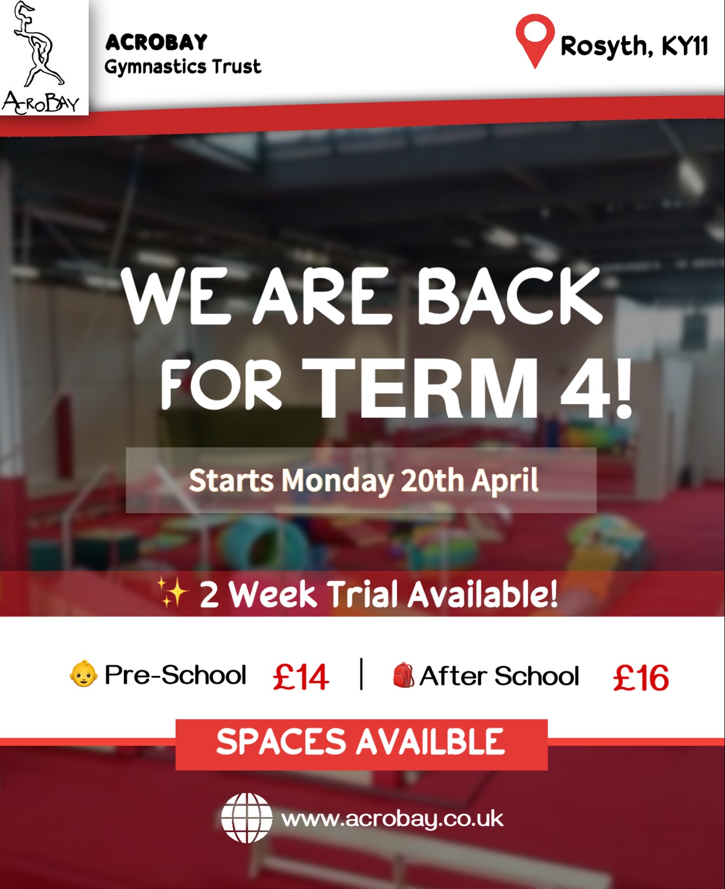 Book your spot for the April to July Term now! β¨
Simply click this link and choose your desired class to book. β€οΈ
https://acrobay-gymnastics-trust.classforkids.io/term/51