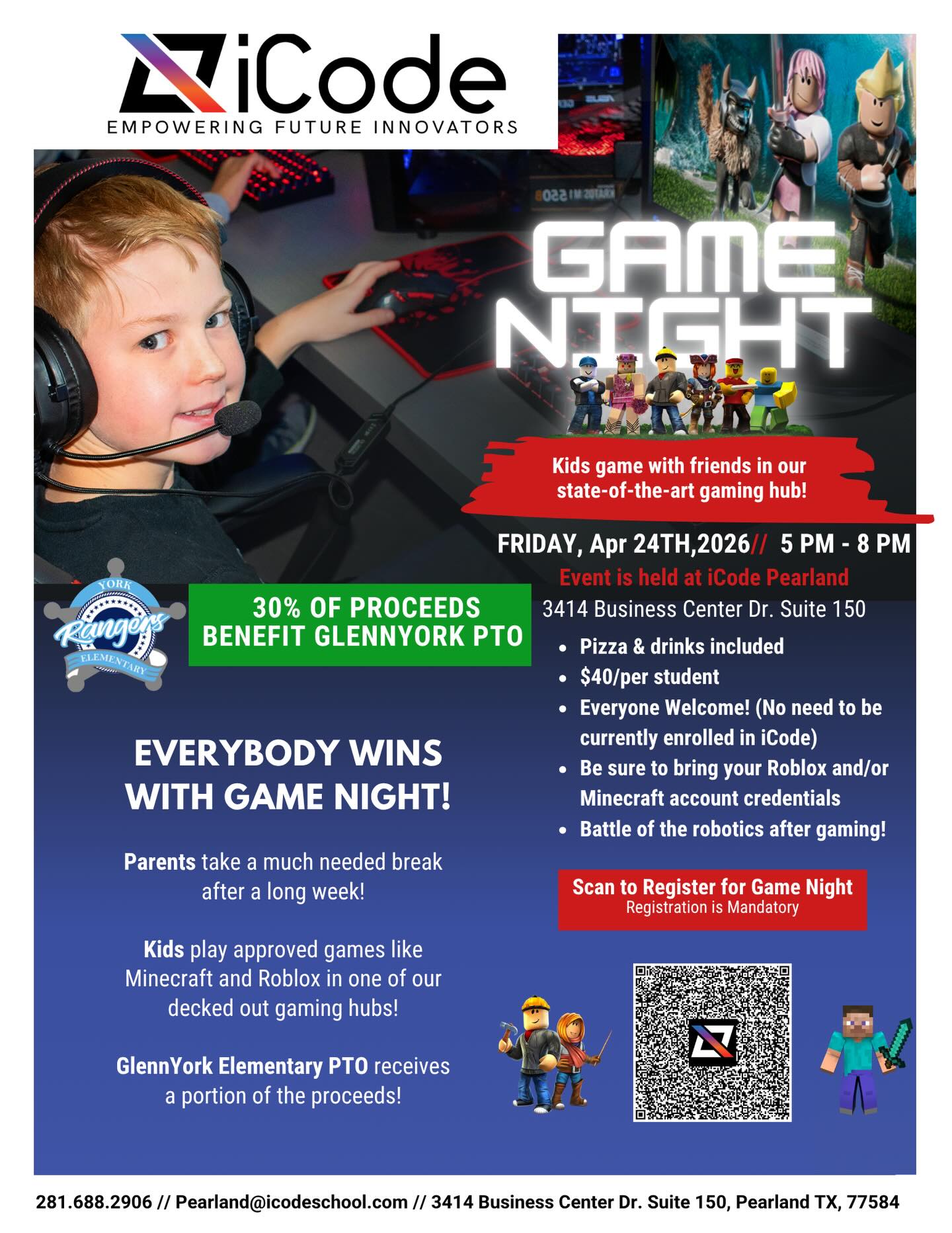 Join us for our April spirit night! Game Night @icode.pearland !
