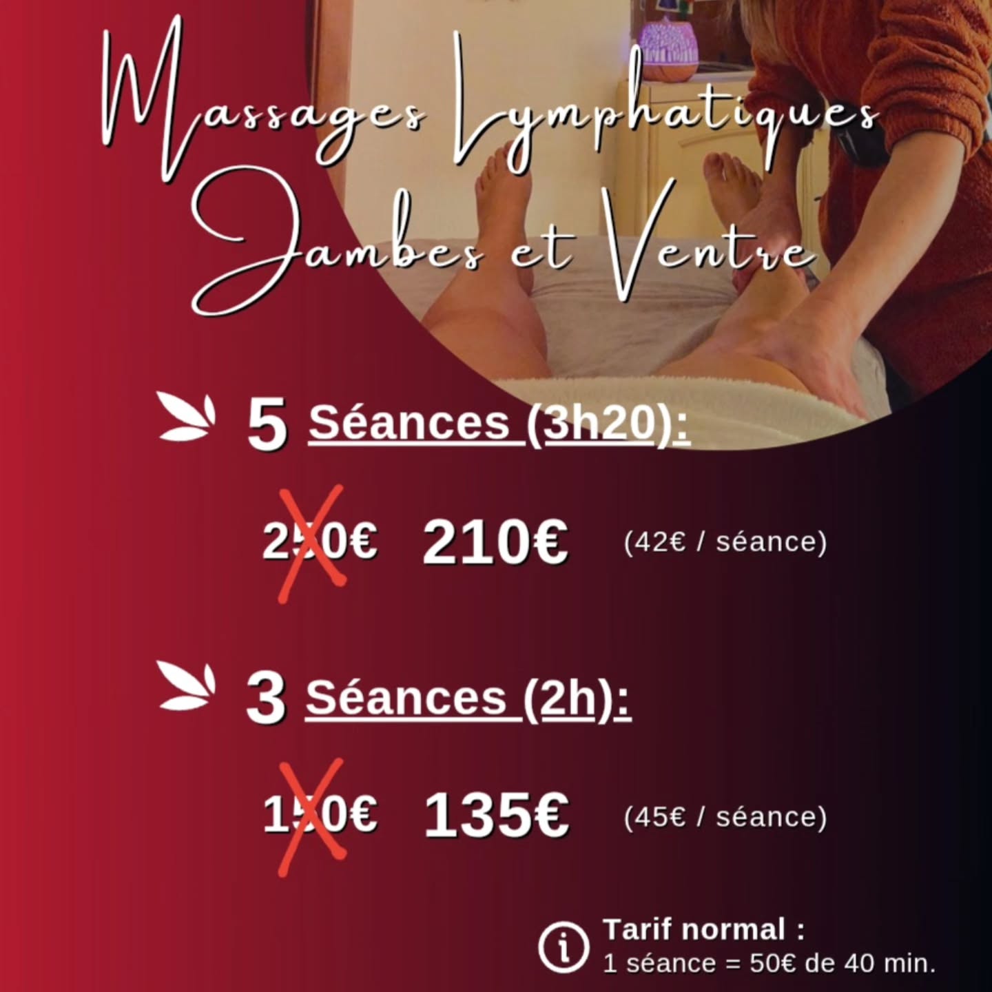 🅾🅵🅵🆁🅴 𝗗𝗶𝘀𝗽𝗼𝗻𝗶𝗯𝗹𝗲 𝗷𝘂𝘀𝗾𝘂'𝗮 𝗳𝗶𝗻 𝗠𝗮𝗶 !
Les massages lymphatiques sont toniques et permettent la réduction de la rétention d'eau, de la cellulite, l'amélioration de la circulation sanguine, ainsi que le soulagement de la sensation de lourdeur, de la fatigue des jambes et l’élimination des toxines !
Dès la 1ère séance vous ressentirez une sensation de légèreté et de dégonflement au niveau des jambes, des chevilles et du ventre !
𝐒𝐞𝐚𝐧𝐜𝐞 𝐝𝐞 𝟒𝟎 𝐦𝐢𝐧𝐮𝐭𝐞𝐬 𝐜𝐡𝐚𝐜𝐮𝐧𝐞 𝐚 𝐩𝐥𝐚𝐧𝐢𝐟𝐢𝐞𝐫 𝐚𝐯𝐚𝐧𝐭 𝐟𝐢𝐧 𝐉𝐮𝐢𝐥𝐥𝐞𝐭 2026 avec bol chantant et serviette chaude :
▪︎ FORFAIT 5 SEANCES : 𝟮𝟭𝟬€
(Au lieu de 250€)
▪︎ FORFAIT 3 SEANCES : 𝟭𝟯𝟱€
(Au lieu de 150€)
Pour vous-même pour préparer votre summerbody 😉 ou pour faire plaisir à vos proches (cartes cadeaux possibles) !
___________
Magnétisme & Bien Etre ✍️
📍24Bis Av. Cochrane Menton
Immeuble Saint Georges Entrée B - RDC
📲 07.88.06.02.06