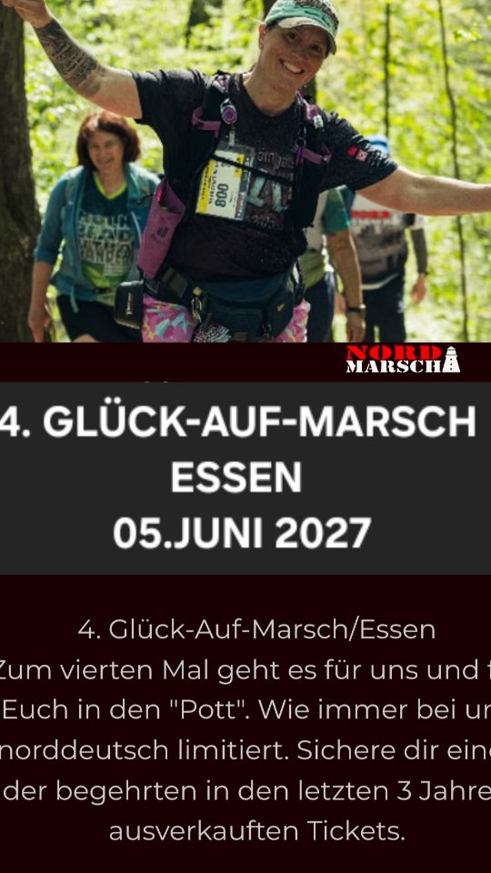 essenwirkommenwieder #glückaufmarsch2027 @nordmarsch #klassiker #ruhrpottliebe
Seit gestern um 20 Uhr läuft der Vorverkauf für den
4️⃣ 🍀🥾 GLÜCK-AUF-MARSCH ESSEN 2027 🥾🍀
mit #earlybird Tickets bis zum 30.04.2024.
Ja, ESSEN wird zum NORD-MARSCH "KLASSIKER" - so wie auch unsere Events in Hamburg & Oldenburg und dann starten wir künftig vom Fischereiverein Essen e.V am ersten Juniwochenende auf die 16, 25, 45 und neu 55km Strecke!
Dieses Event wird weiterhin auf 1.000 Startplätze begrenzt sein und mit ganz viel Liebe von unserer Essen-Crew mitgeplant werden, damit wir Euch weiterhin die schönsten Ecken in & um Essen und den Baldenysee zeigen können.
Wir freuen uns schon, aber vorher geht's woanders noch an den Start!
Wo? Guck' mal rein unter www.nord-marsch.de
Eure Nord-Marscher mit den Family&Friends ❤️