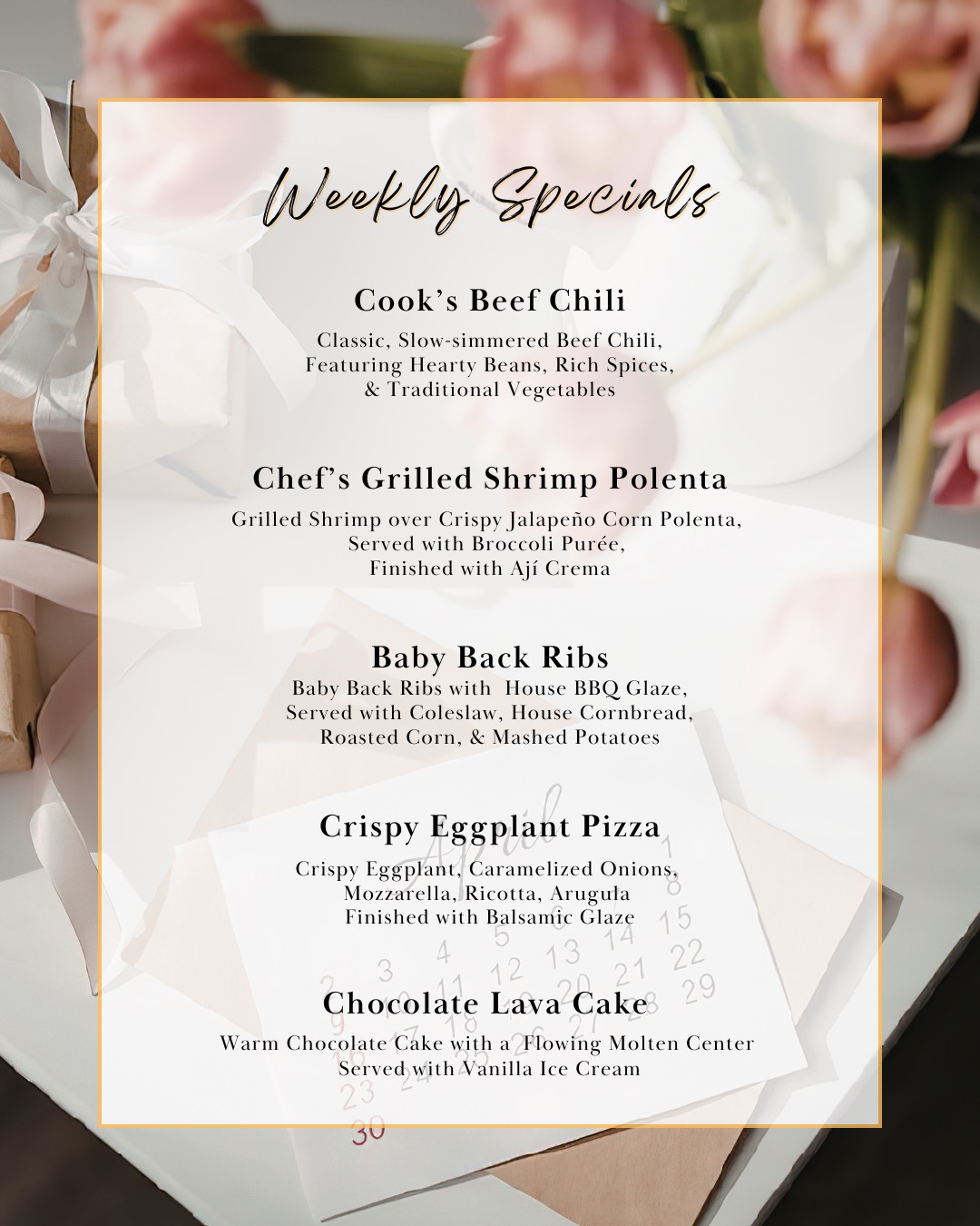 Weekend specials have arrived! Let's check out this week's offerings at Cook. #cookneedham #needhamma #needham #specials #chefspecials