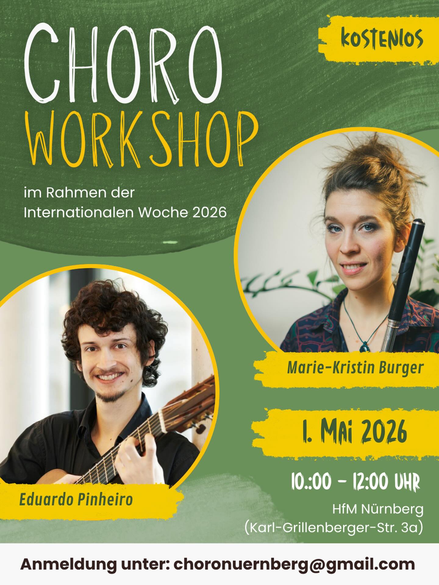 Choro-Workshop - Eintauchen in die Welt der brasilianischen Instrumentalmusik
Internationale Woche 2026 der Hochschule für Musik Nürnberg.
Ein spannender Kurs für alle, die ein Melodie- oder Begleitinstrument spielen und in die Vielfalt des Choro eintauchen möchten.
Die Noten können bei Bedarf vorab verschickt werden.
Mit:
Marie-Kristin Burger (Flöte / Melodieinstrumente) @mariekristinburger
Eduardo Pinheiro (Gitarre, Cavaquinho, 7-chordas / Begleitinstrumente) @edupinheiro_music
Eine Anmeldung vorab ist erwünscht: choronuernberg@gmail.com
#choro #choroworkshop #workshop #hfmnuernberg #brazilianmusic