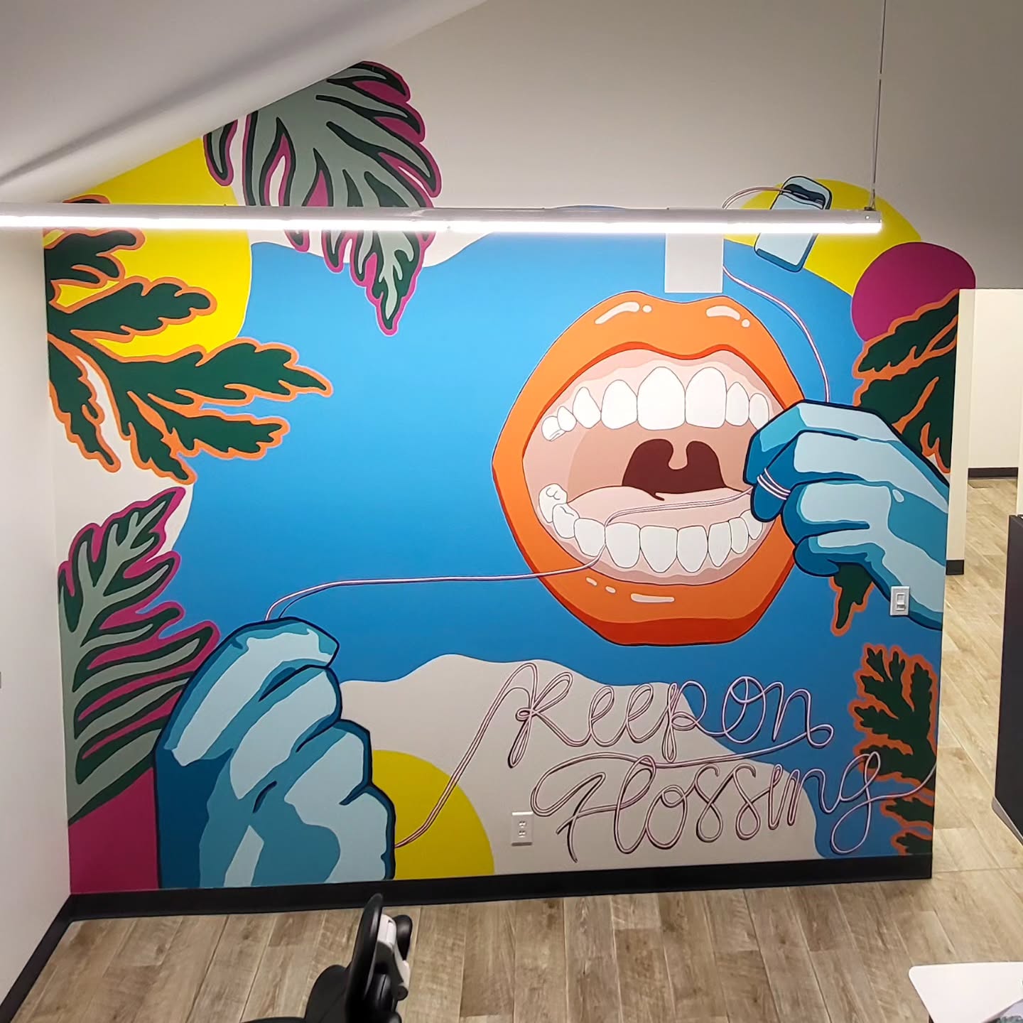 So, this was a super fun project to work on. This mural is located in Wentworth Dental. This is the second mural they have commissioned!
These vibrant colours look great but were incredibly difficult to get to their most opaque versions. The wall was a bit bigger than expected (both width and height), and not able to use a projector. I Busted out the trusty chalk line and then hand sketched everything. It took a wee bit longer than anticipated, however,I really am loving how it turned out!
#dentistofficemural #mural #wallart #commercialart #businessart