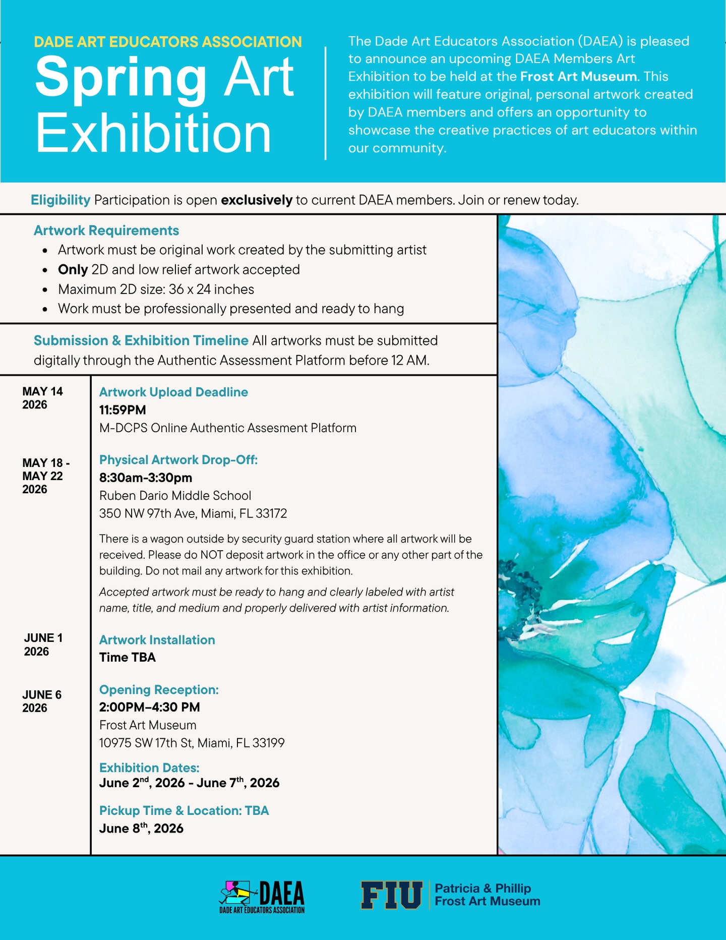 Open call for all DAEA members. Join us for our Spring DAEA Exhibition. Please see the flyer for more information. 🌸
Join or renew today!
