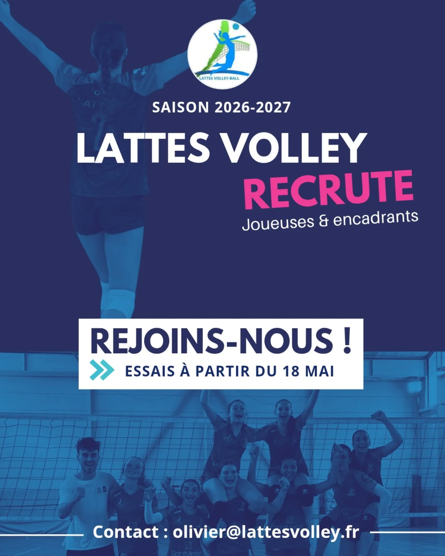๐ฅ๐ฒ๐ท๐ผ๐ถ๐ป๐-๐ป๐ผ๐๐ !
Lattes Volley ouvre ses portes pour des sรฉances d'essai ร partir du 18 mai ๐
Nous recherchonsย :
๐ des entraรฎneurs pour former et accompagner nos joueuses,
๐des joueuses motivรฉes pour venir renforcer nos effectifs dans les catรฉgories senior (R1, Prenat et N3) et jeunes.
๐ง Contacte Olivier sur olivier@lattesvolley.fr et il t'orientera vers la bonne session en fonction de ton รขge, niveau de pratique et poste.
๐ถ๐
๐ผ๐ฝ๐ฐ๐
๐ด๐
๐Gymnase Geiler | chemin des Jardins de Maguelone ร Lattes (Maurin)
๐Palais des Sports | avenue du Cap ร Lattes (Boirargues)
#ffvb #volleyball #volleyballlife #sport #lattesvolley