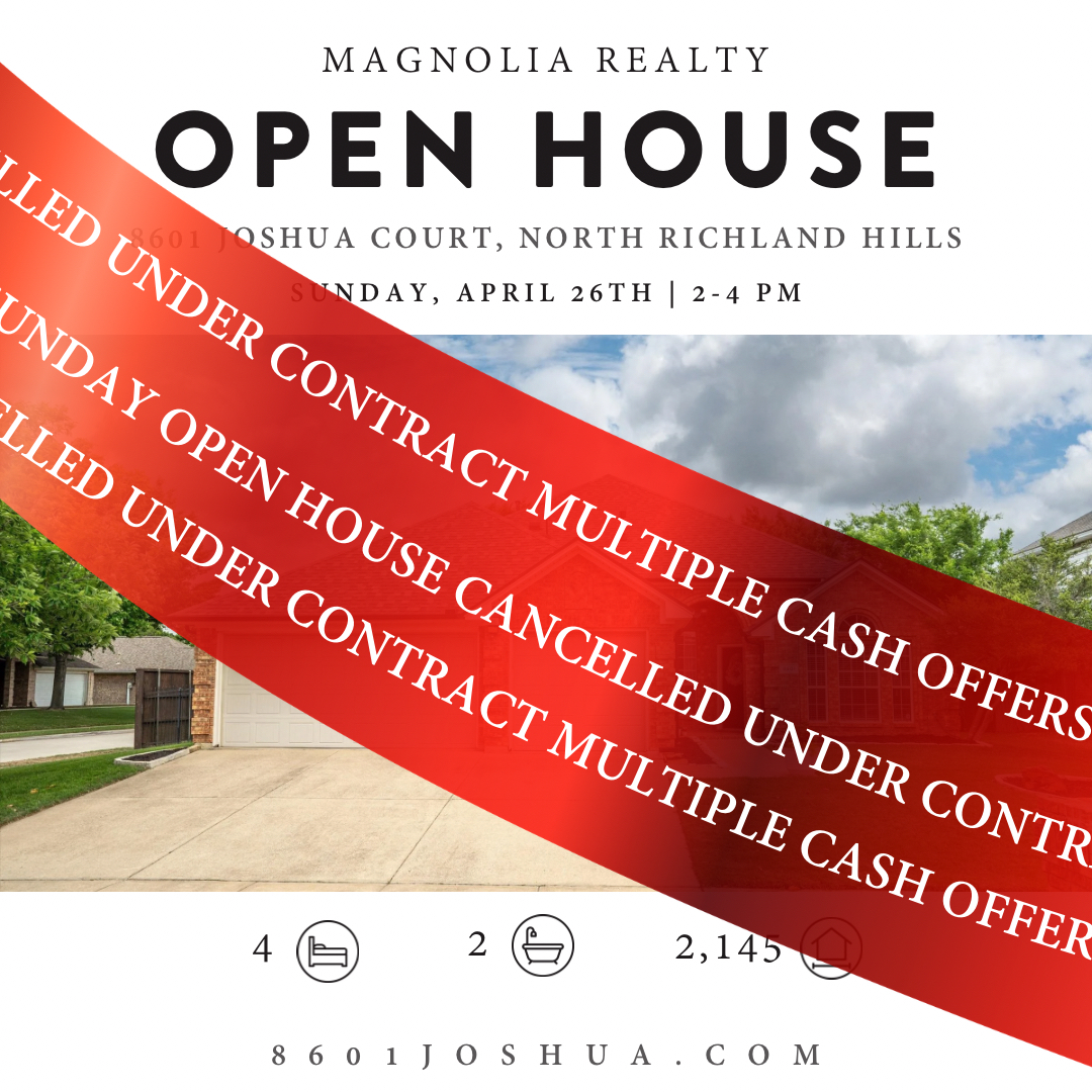 🚨 CANCELLED 🚨
After receiving multiple cash offers. Our sellers have selected an offer. Today’s OPEN HOUSE at 8601 Joshua Court is cancelled.
We do have two other properties that are available.
1864Mensa.com
317lonesomestar.com
Contact me for more info or to schedule a tour 817.253.3941 | stephaniebrownerealtor.com
