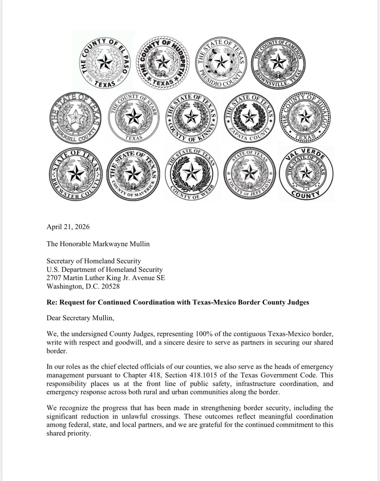 Our border communities from Brownsville to El Paso support effective-efficient border security efforts. I am proud and thankful for the 14 County Judges across the Texas-Mexico border who are unified in ensuring the federal government communicates and collaborates with our local communities to ensure the diverse and unique needs of our respective communities are met and respected.
Secretary Mullin must recognize the need to restore trust, collaboration, and communication with our communities. These conversations yield more efficient and practical approaches to ensuring our border is secure without permanently altering our treasured landscapes, including the Big Bend region.
Thank you to our local officials in HD74 standing together: Judge MacKenzie (Hudspeth County), Judge Portillo (Presidio County), Judge Henington (Brewster County), Judge Evans (Jeff Davis County), Judge Carruthers (Terrell County), Judge Owens (Val Verde County), Judge Schuster (Kinney County), Judge Cantu (Maverick County), and Judge Samaniego (El Paso County).