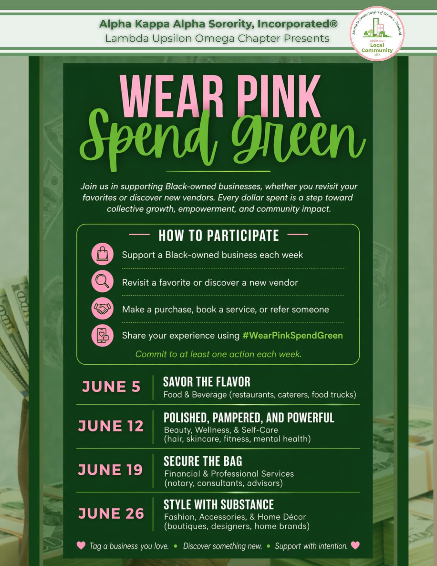 💗💚 WEAR PINK. SPEND GREEN. 💗💚
This June, we’re moving with intention, supporting Black-owned businesses and investing in the growth of our communities. Every dollar we spend is a step toward empowerment, ownership, and impact.
Whether you revisit your favorites or discover someone new, there’s a way for you to show up each week:
🛍 June 5: Savor the Flavor (Food & Beverage)
💆🏽♀️ June 12: Polished, Pampered & Powerful (Beauty, Wellness & Self-Care)
💼 June 19: Secure the Bag (Financial & Professional Services)
🛋 June 26: Style with Substance (Fashion, Accessories & Home Décor)
✨ How to participate:
✔ Support a business
✔ Make a purchase or referral
✔ Share your experience
Let’s commit to at least one action each week and build together.
📲 Tag a business you love + use #WearPinkSpendGreen #supportblackownedbusinesses #supportingblackbusinesses