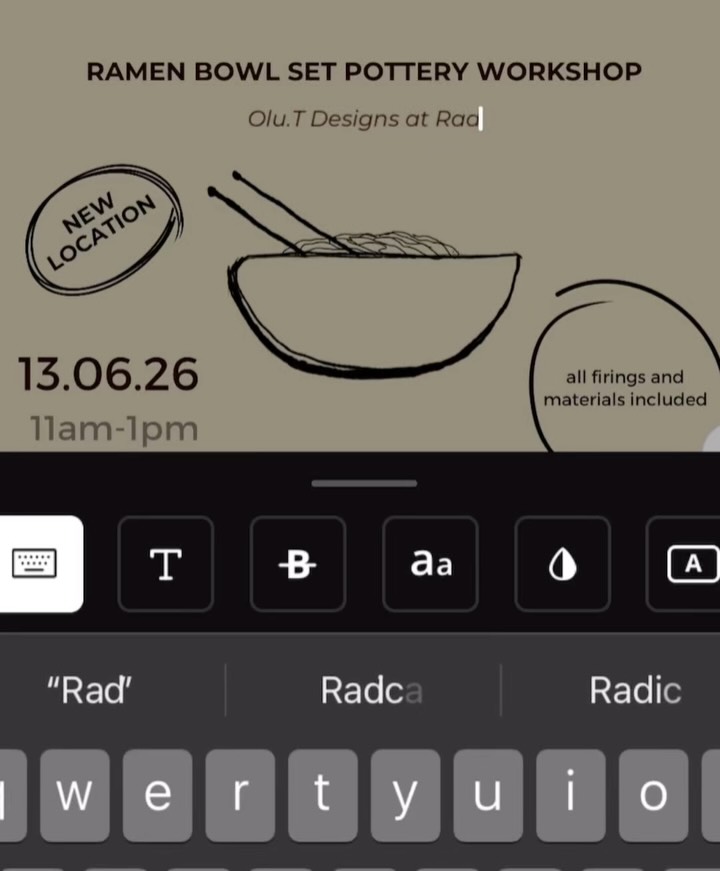 We’re bringing our ramen bowl workshops to a new location in June! We’ll be @radicallivingco for 2 back to back pottery workshops 🥂
Very excited to bring handbuilding, sgraffito and glazing your way as you craft your own ramen bowl and chopstick rest in this 2 hour session.
The experience:
- 2hr guided workshop suited to all abilities
- Make and decorate your pieces in one session
- All materials and firings included
- 🍜 Fired pieces ready to collect from Radical Living approx. 4 weeks later
🎟️ available via my Linktree and Radical Living’s website
-
#thingstodo #potteryworkshop #pottery #summerworkshop