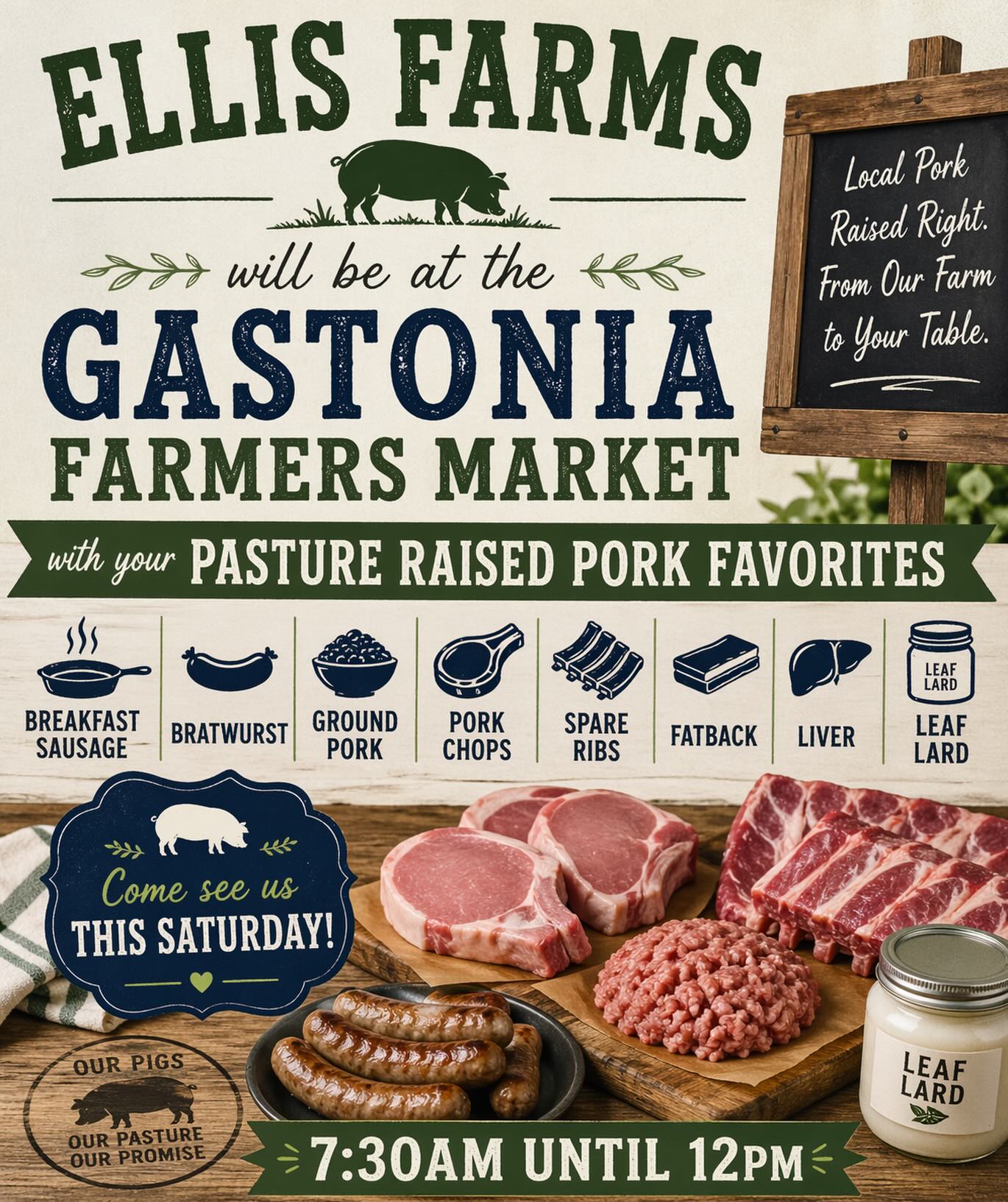 Ellis Farms is headed back to the Gastonia Farmers Market this Saturday! 🐖🌿
We’ll have all your pasture-raised pork favorites ready for your table:
• Breakfast sausage
• Bratwurst
• Ground pork
• Pork chops
• Spare ribs
• Fatback
• Liver
• Leaf lard
Come see us from 7:30 AM – 12 PM and stock up on quality, locally raised pork!
Nothing beats knowing where your food comes from—and we’re proud to bring it straight from our farm to your family.
📍 Gastonia Farmers Market
🗓️ This Saturday
⏰ 7:30 AM – 12 PM
We’ll see you there!