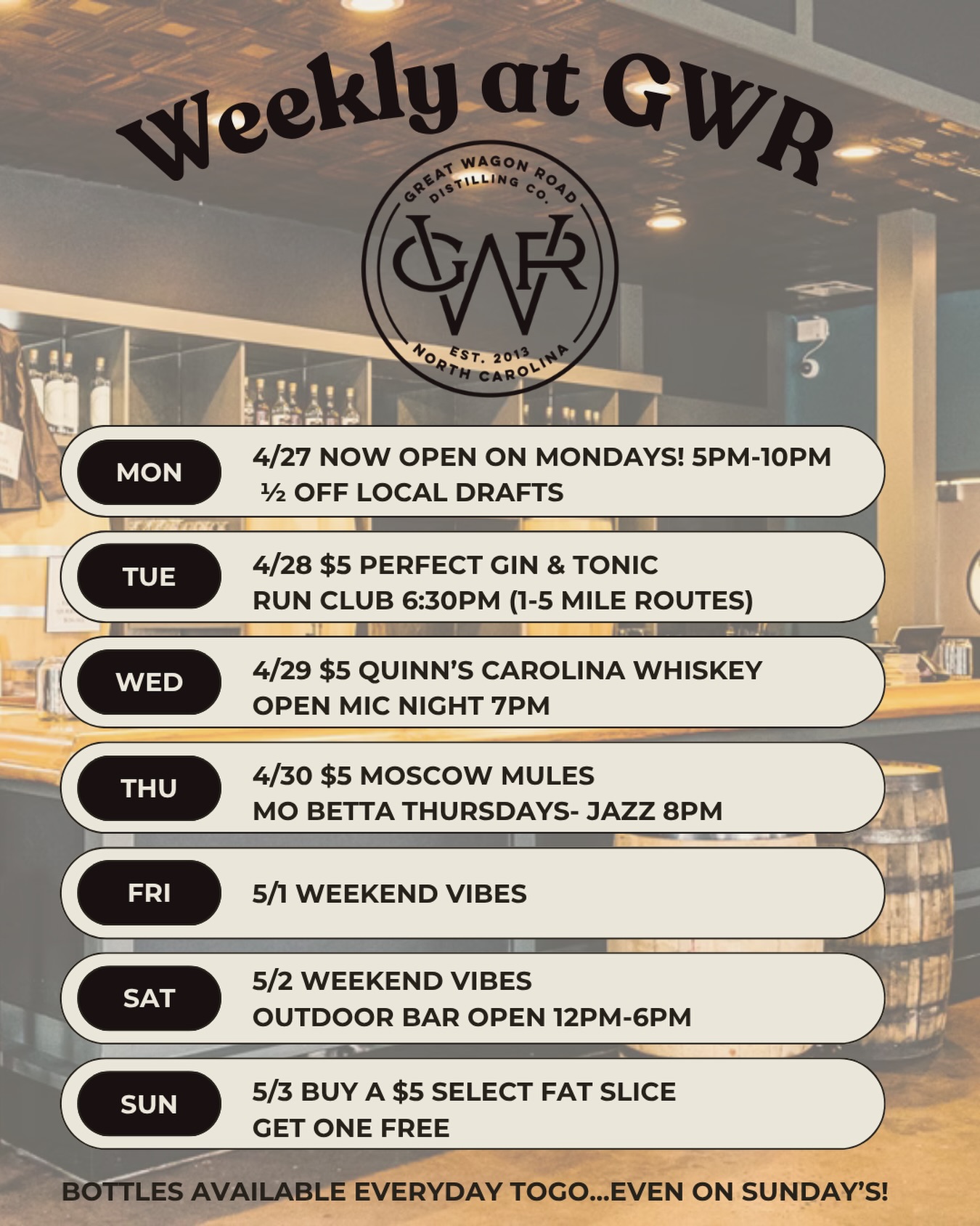 Catch us this week at GWR for daily specials, live music, run club, open mic, weekend vibes & more! Bottles to-go available daily… even Sundays!🎉