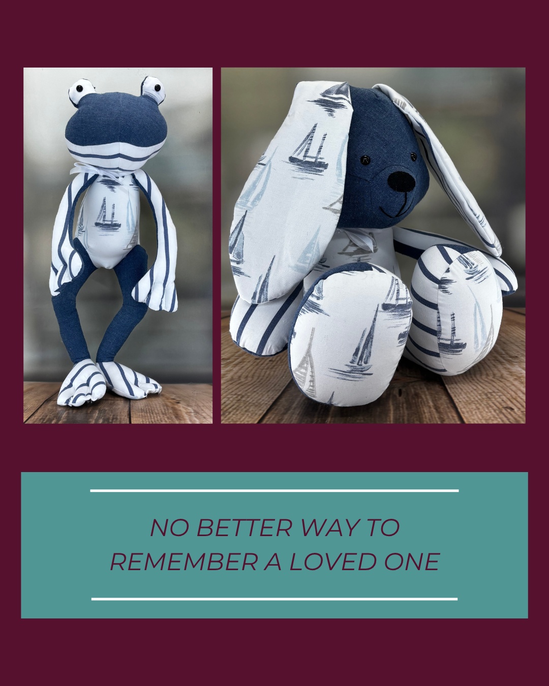 Here are the final two keepsakes from Vicky's set of 5 memorial keepsakes. She finished off her collection with a frog and a bunny.
Five different designs, all made from the same loved one's clothes. Each one unique, each one meaningful, each one bringing comfort to different family members.
#TracysTreasuredKeepsakes #SmallBusinessUK #PersonalisedKeepsakes #HertsCustomKeepsakes #HandmadeGiftsUK