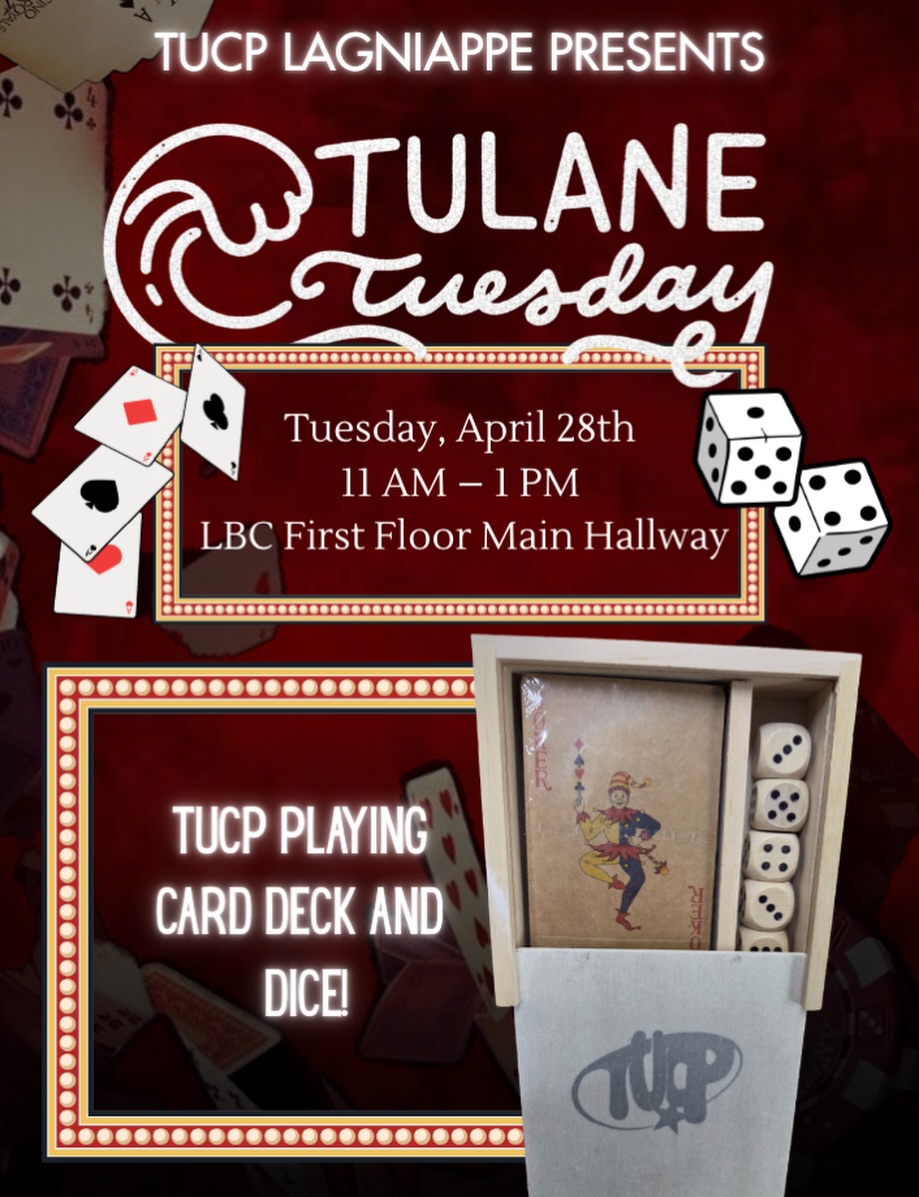 Join us tomorrow @tulane.lbc for Tulane Tuesday between 11AM-1PM where we will be giving away custom TUCP themed card decks and dice sets ♥️♠️in anticipation of TGIO this WEDNESDAY with @beachfossilsnyc ‼️ Be sure to wear Tulane merchandise to be eligible for this FREE giveaway 💚💙