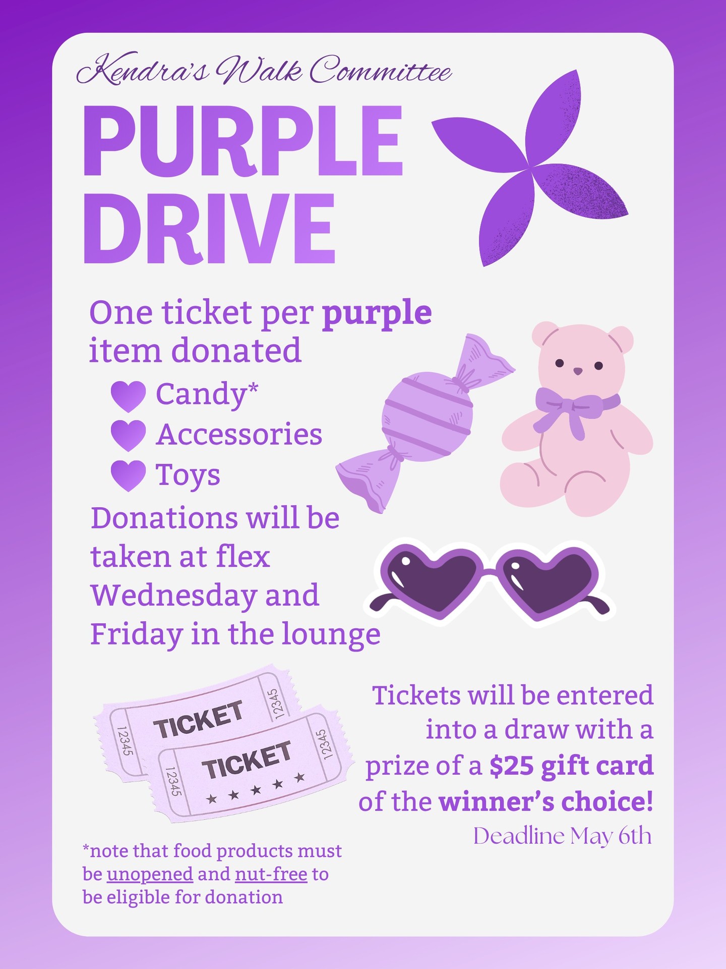 Hey Senior School!
We will be holding our purple drive until May 6th. You can drop off your donations at the Student Lounge on Wednesday and Friday at flex, or in the Social Studies Office! All donations will be used in our purple room on the day of the walk, with all proceeds going to CancerCare Manitoba. Thank you for all of your dedication throughout the year, and we hope to see your donations for this event! 💜
#kendraswalk