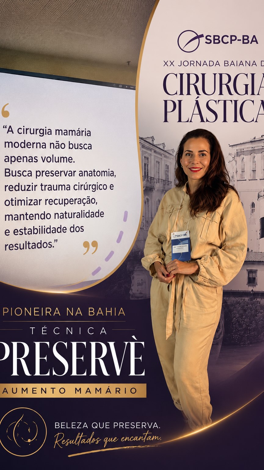 “A cirurgia mamária moderna não busca apenas volume. Busca preservar anatomia, reduzir trauma cirúrgico e otimizar recuperação, mantendo naturalidade e estabilidade dos resultados. Hoje tive a honra de compartilhar com meus colegas da cirurgia plástica um pouco da minha experiência com a técnica Preservè para aumento mamário — uma técnica moderna, minimamente invasiva e que representa uma verdadeira evolução na cirurgia mamária. ✨
Fui a pioneira na Bahia na realização dessa técnica e, hoje, também tenho o maior número de casos realizados no Nordeste. Poder levar esse conhecimento para a Jornada Baiana de Cirurgia Plástica, a convite da Sociedade Brasileira de Cirurgia Plástica – Regional Bahia, foi motivo de muita felicidade e gratidão.
A cirurgia mamária moderna não busca apenas volume.
Busca naturalidade, elegância, recuperação mais rápida e, principalmente, preservação máxima das estruturas da mama.
É uma nova forma de pensar o aumento mamário:
mais anatômica, menos traumática e muito mais alinhada às mulheres que desejam beleza sem excessos.
Obrigada a todos os colegas pelo carinho, troca científica e interesse em uma técnica tão inovadora. Seguimos evoluindo, estudando e transformando vidas através da cirurgia plástica. 🤍