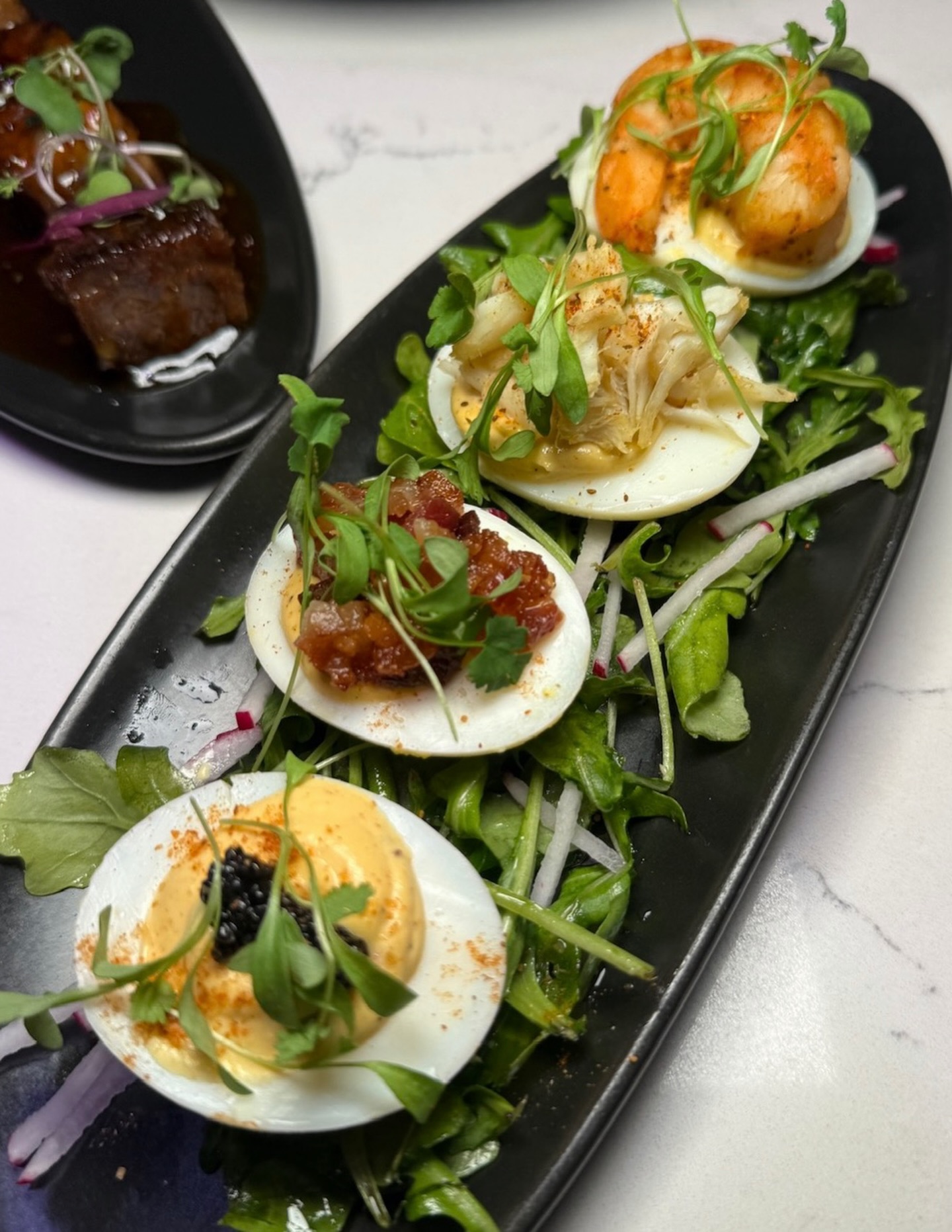 The right way to open brunch, our deviled egg quartet, finished with lump crab, blackened shrimp, crispy bacon, and black caviar, bold, refined, and exactly where your morning should begin, see you soon.
And don’t forget we have @sanaasdad and band on deck for a wonderful jazz brunch this morning so come for the food - stay for the vibes!