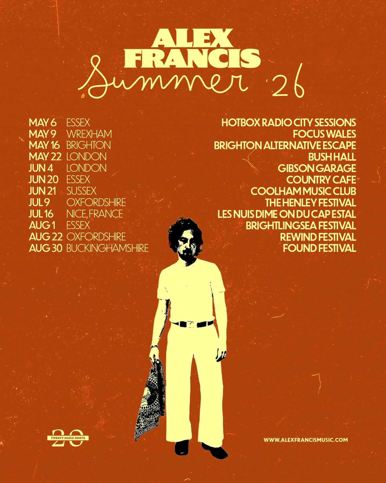 Getting ready for some delightful manoeuvres these next few months 🤙 who’s coming out?
📅 DATES:
MAY 6 — Essex | @hotboxliveevents
MAY 9 — Wrexham | @focuswales
MAY 16 — Brighton | Alternative Escape
MAY 22 — London | @bushhallmusic w @jackbroadbentofficial
JUN 4 — London | @gibsonguitaruk Garage
JUN 20 — Essex | @thecountrycafeessex
JUN 21 — Sussex | Coolham Music Club
JUL 9 — Oxfordshire | @henleyfestival
JUL 17— Eze, France | @lesnuitsdimeonducapestel
AUG 1 — Essex | @brightlingseafreemusic Festival
AUG 22 — Oxfordshire | @rewindfestival
AUG 30 — Buckinghamshire | @found.festival
Tickets & info 👉 www.alexfrancismusic.com
#AlexFrancis #Summer26 #LiveMusic #TourAnnouncement #UKMusic