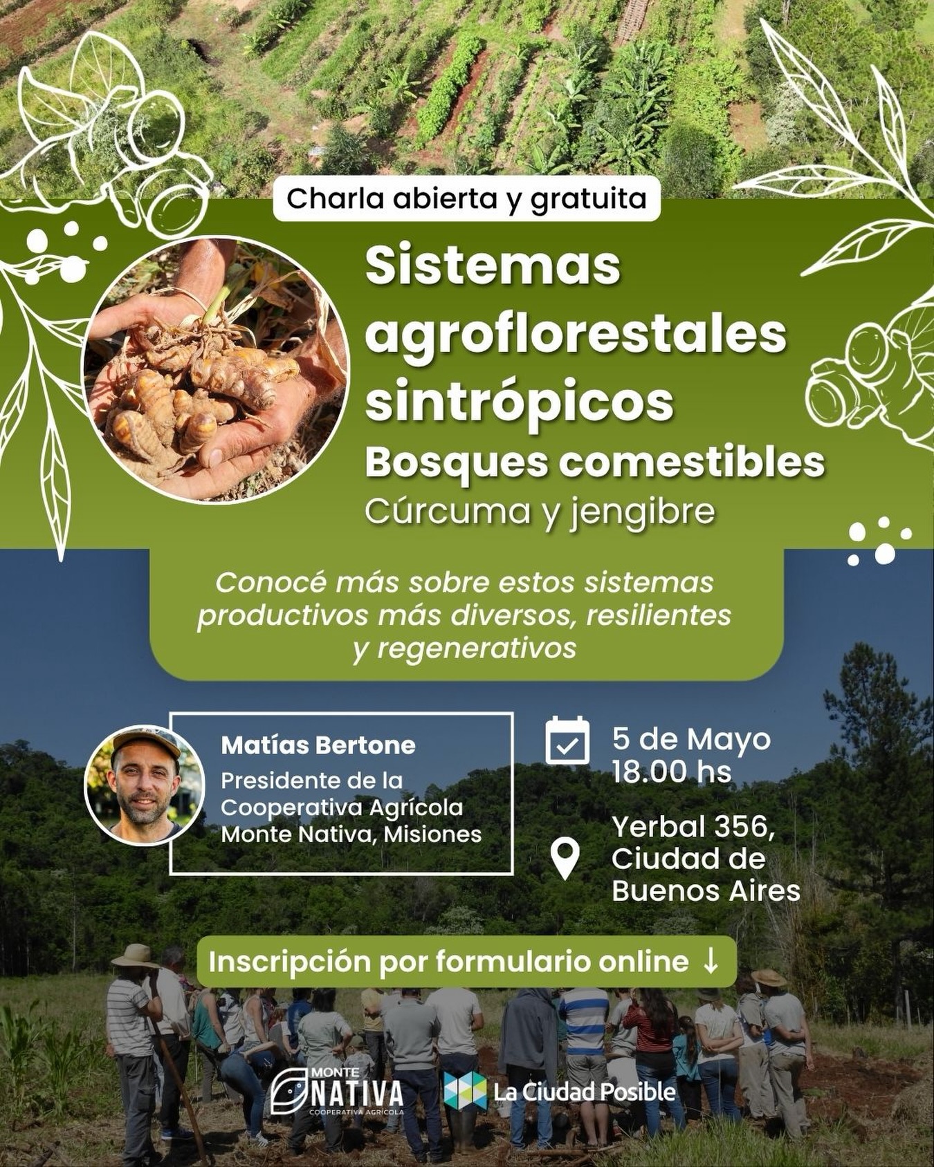 Charla abierta: Sistemas agroflorestales sintrópicos
➡️ Inscripción en el link de nuestra bio: @laciudadposible
Nos visita Matías Bertone, presidente de la Cooperativa Agrícola Monte Nativa (Misiones), para compartir los principios de la agricultura sintrópica.
Los sistemas agroforestales y sintrópicos invitan a repensar la producción de alimentos desde una lógica más ecológica, integrada y regenerativa 🌱 A partir de la combinación de cultivos, árboles, cobertura vegetal y manejo regenerativo del suelo, estos enfoques permiten desarrollar sistemas más diversos, resilientes y eficientes en el uso de los recursos.
🍅🦋
Si bien suelen asociarse al ámbito rural, muchos de sus principios pueden adaptarse también a contextos urbanos y periurbanos, a través de huertas, paisajismo, bosques comestibles, viveros, patios productivos y espacios comunitarios.🥬🫚
Más que una técnica puntual, se trata de una forma de diseñar sistemas vivos, capaces de producir y regenerar al mismo tiempo.
Sumate!
📆 5 de Mayo - 18.00 hs
📌 Yerbal 356, Ciudad de Buenos Aires