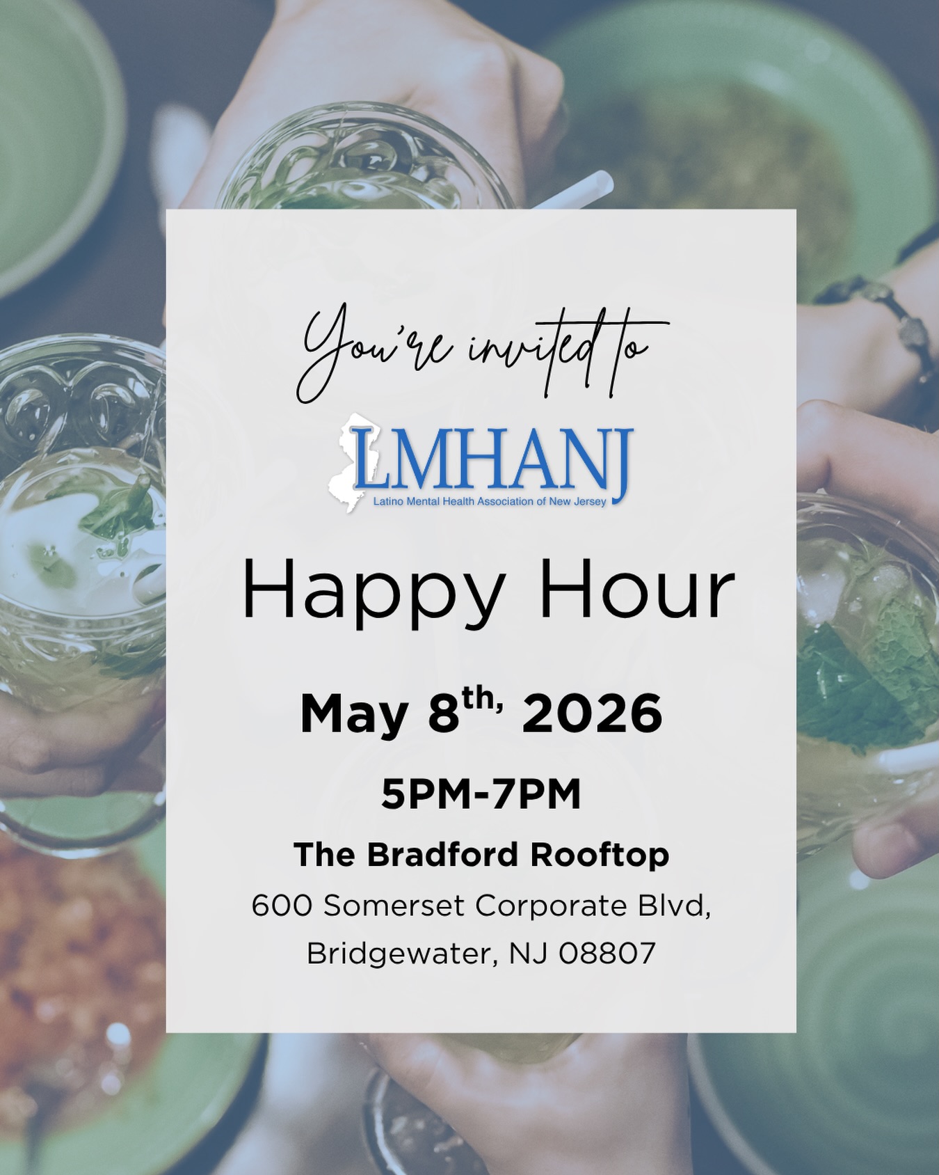 We’re heading to the rooftop for a little community, connection, and unwind time 🍸✨
Join the Latino Mental Health Association of New Jersey for our Happy Hour in Central Jersey!
📍 Bridgewater, NJ
🌇 The Bradford Rooftop
🗓 Friday, May 8th
⏰ 5:00 PM – 7:00 PM
Come connect with fellow mental health professionals and community members in a relaxed, rooftop setting. Think good conversations, fresh air, and a well-deserved break with your people.
Whether you’re looking to network, decompress after the week, or just enjoy being in community; this space is for you.
Tag your crew and meet us on the rooftop! 🍹✨
#lmhanj #njlatinxtherapists #njtherapists #hispaniccounselors #centraljerseytherapist