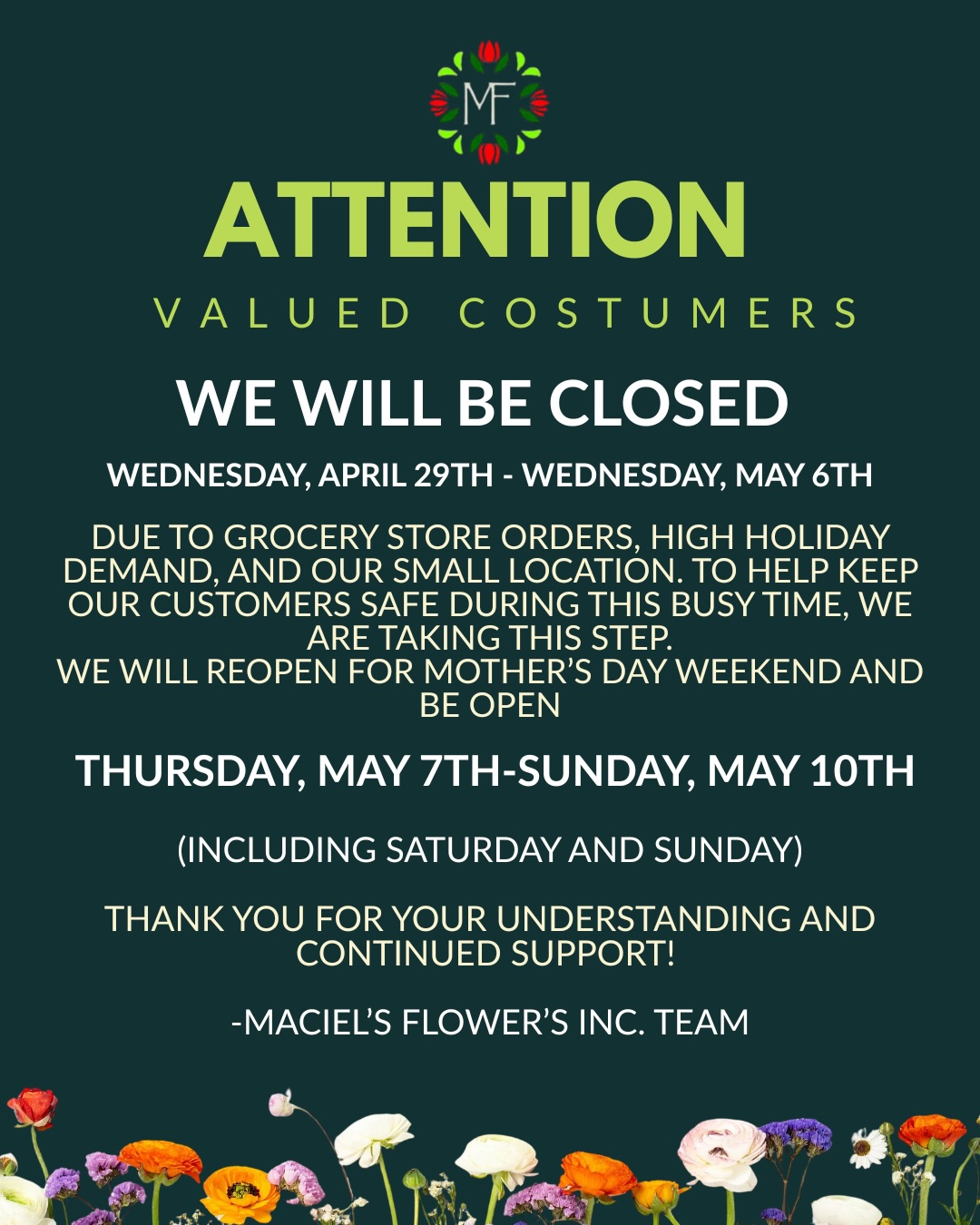 🌸 We are so grateful for the continued support from all of our local customers who choose to support our family business. Your love, patience, and understanding mean so much to us as we navigate and grow within our small space during this busy season.
.
Thank you for standing by us and allowing our family to serve yours. We truly appreciate each and every one of you! 💐
.
.
🌸 Estamos muy agradecidos por el continuo apoyo de todos nuestros clientes locales que eligen apoyar nuestro negocio familiar. Su cariño, paciencia y comprensión significan mucho para nosotros mientras seguimos trabajando y creciendo en nuestro pequeño espacio durante esta temporada tan ocupada.
.
Gracias por apoyarnos y permitir que nuestra familia sirva a la suya. ¡Apreciamos sinceramente a cada uno de ustedes! 💐