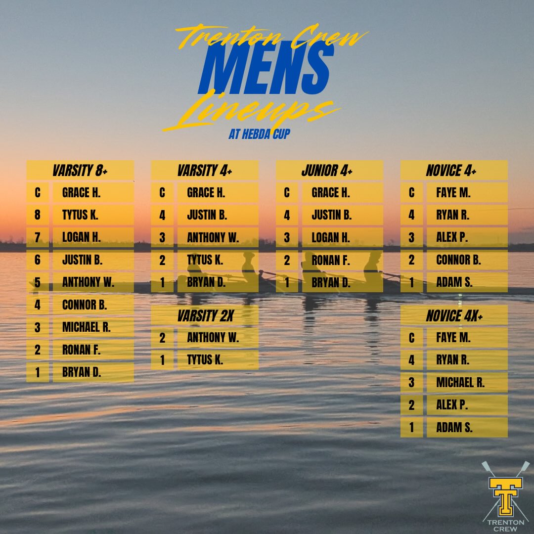 Hebda Cup lineups. ๐ฃโโ๏ธ Tomorrow racing begins at 8am on the Detroit River. Come and support Trojan Crew at the first of two local regattas this season! ๐๐
#rowing #trentoncrew #regatta
