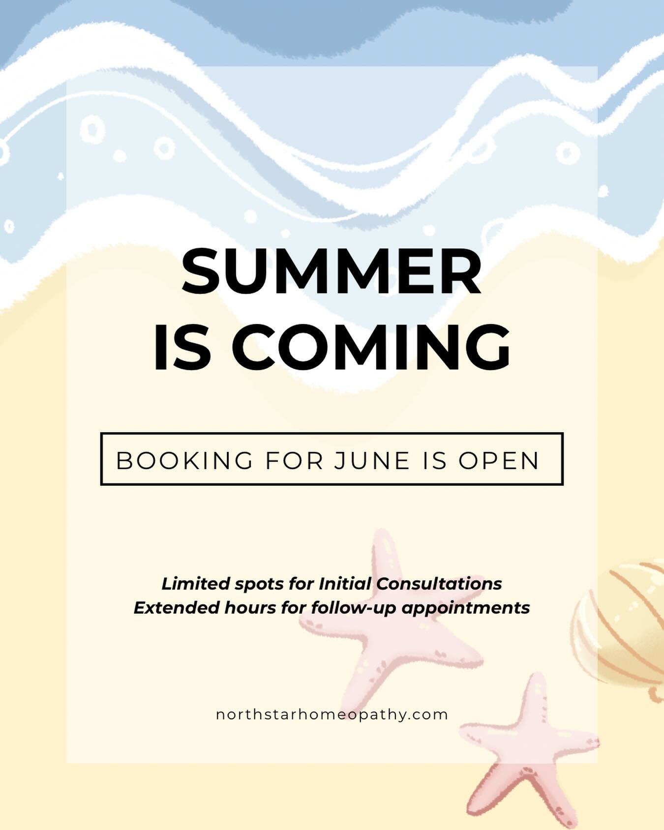 There are a few changes coming for the summer at North Star Homeopathy. I have opened TWO spots for Initial Consultations for June, and these will be the only two available for the month (I also have one spot available at the end of May). I may open ONE for July once I finalize my travel plans. The good news for my current clients is that I will have extended hours available for follow-ups from the end of May until the end of July. Regular business hours will resume in August. Link for booking is in my bio and in my story. The Initial Consultation spots tend to fill up quickly once I open them. ☀️