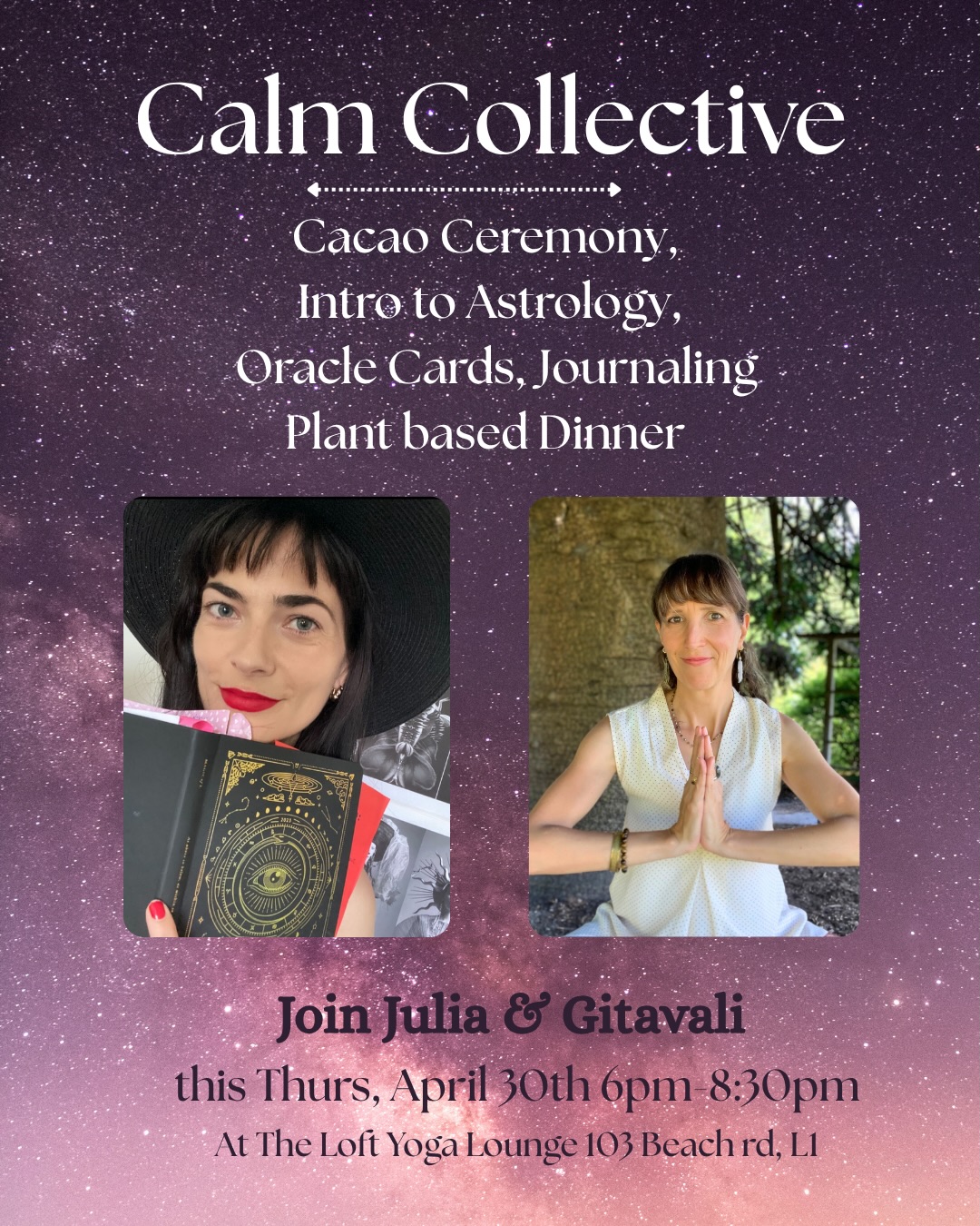 This Thursday @julia.franchino and I are coming together for an Astrology themed Calm Collective circle. This feminine energy infused session with also include our fabulously grounding Cacao ceremony, oracle cards picking and time to reflect, journal and enjoy a delicious nourishing plant-based meal together.
Booking is essential throughout the link in my bio (through my website) or by DM me to confirm your attendance, you have till Wednesday evening. Cash is appreciated or bank transfer available too.
Spaces are limited.
@the_loft_yoga_lounge
@spirited_gitavali
#riseupyourlife #womenscircle #sisterhood #aucklandnz #wellness