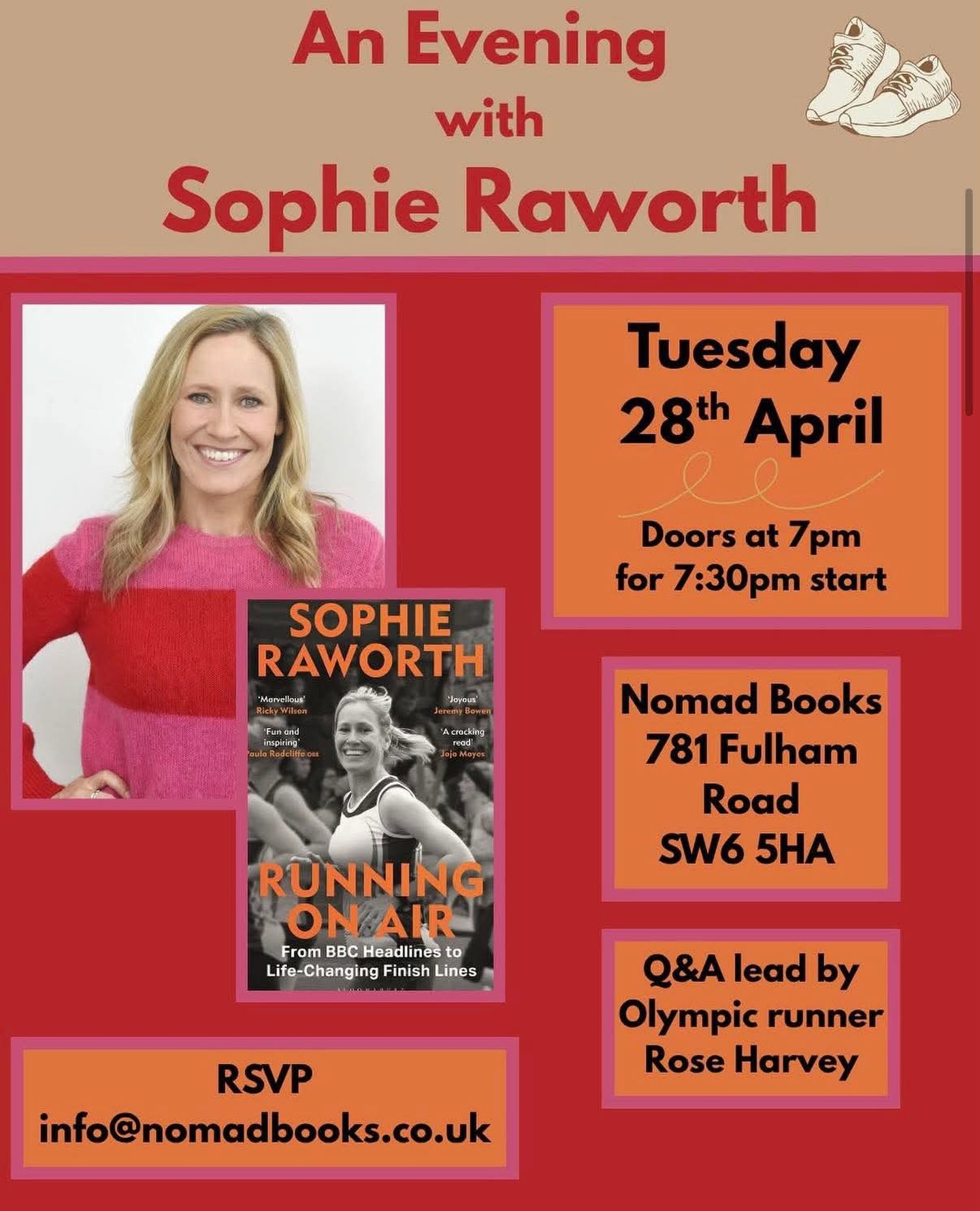 Fulham Running Clubβs very own @sophieraworth has written a book!
.
Running on Air is out on 23rd April and is about life, work, ageing, keeping running, strength, confidenceβ¦and parkrun!Join Sophie in conversation with Rose Harvey at Nomad Books, Fulham next Tuesday. Itβs free - just RSVP if youβre interested in joiningπββοΈπ
.
Well done Sophie!
.
#running #runningclub #socialrunning