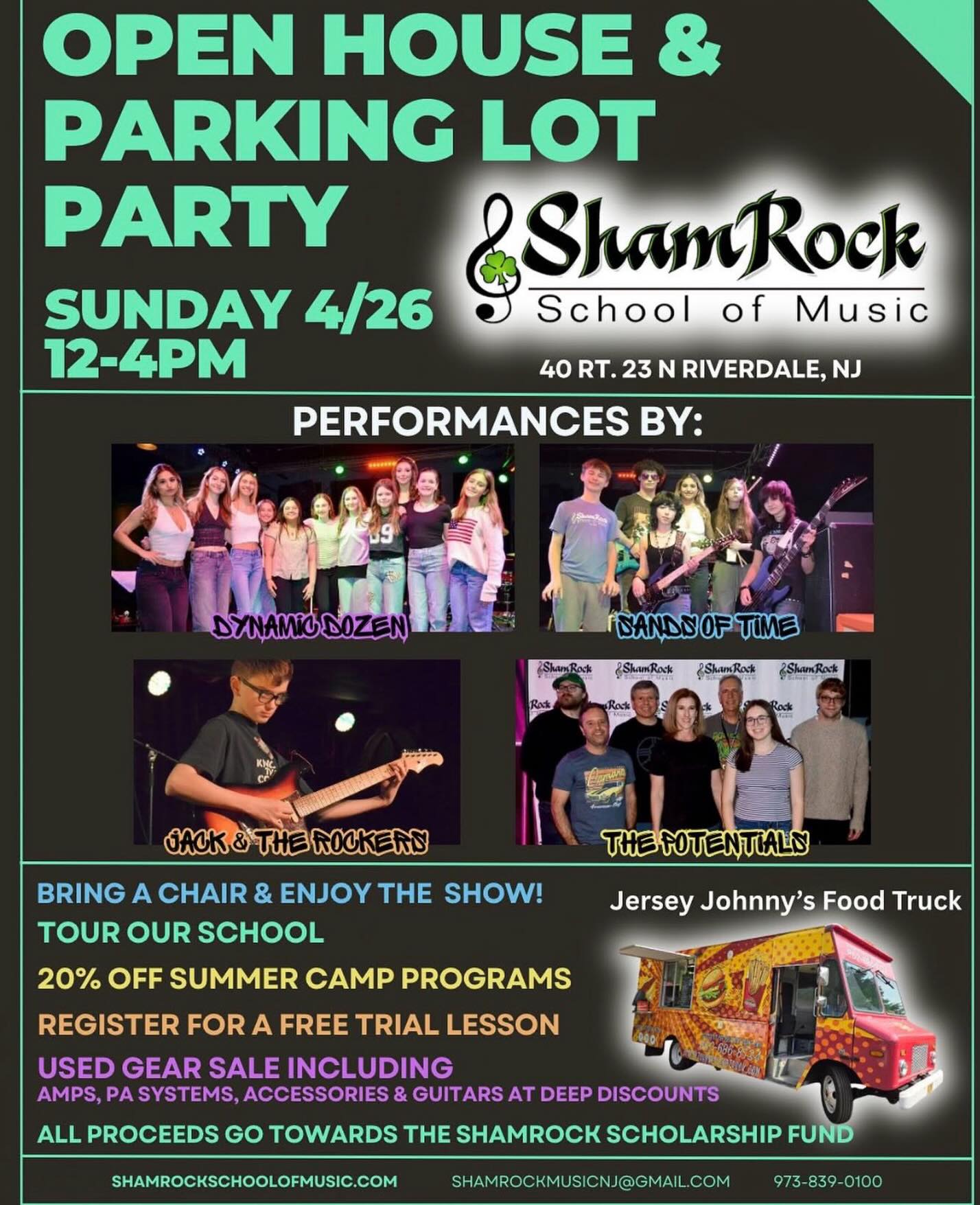 Sunday, April 26, Noon-4pm, stop by ShamRock just past Curly’s on 23 N for an epic afternoon of music, fun and food (by Jersey Johnny’s). Tour our school, register for a free trial lesson and save 20% on our summer camps.