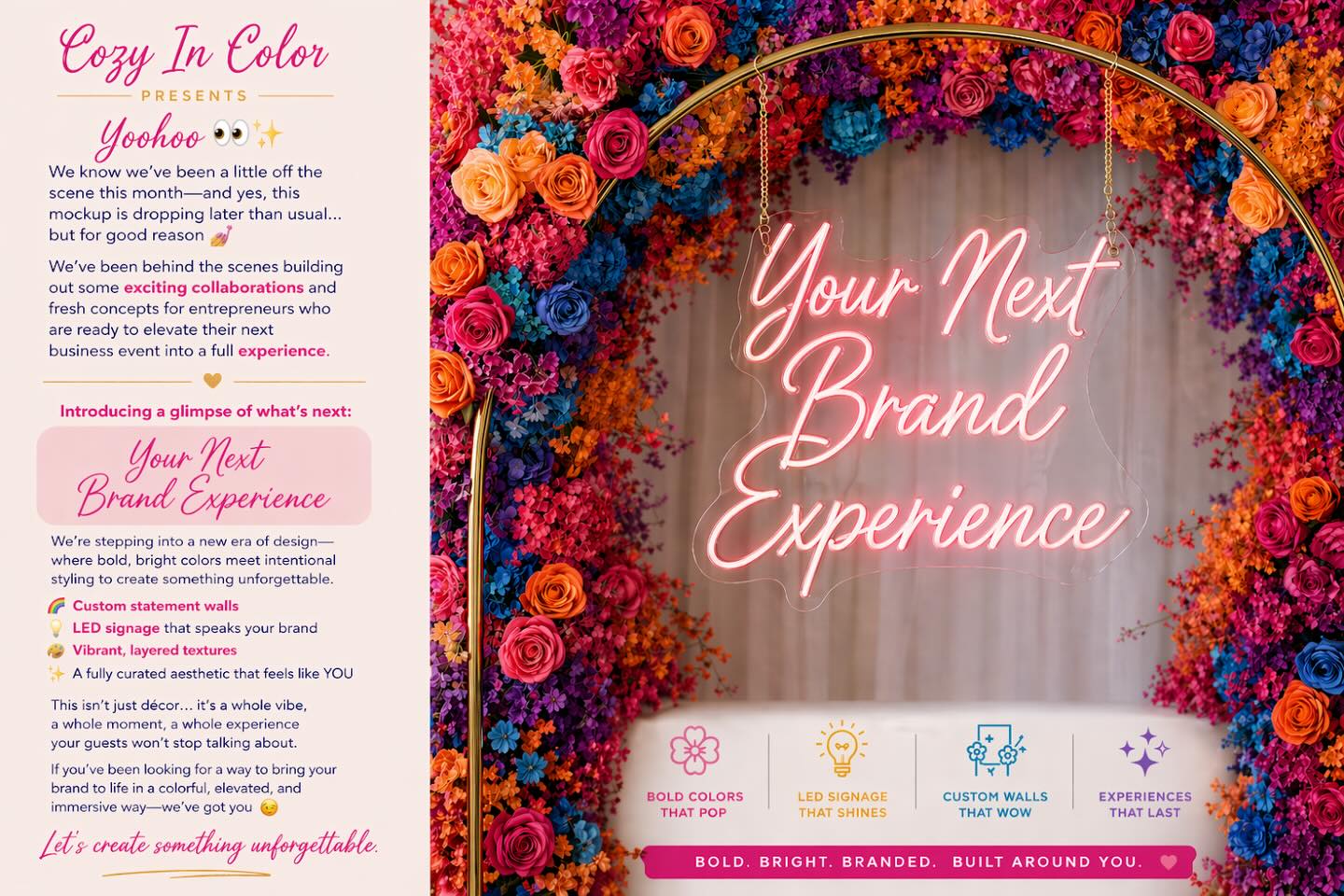 Build Your Next Brand Experience With Cozy In Color🧡💜💙
This is not just décor… we are building a vibrant atmosphere with our custom built flower walls — built for impact.
Luxury styling. Curated details. Bold, intentional energy.
Perfect for:
• Brand activations
• Networking mixers
• Content + creator events
• Birthday celebrations
• Vision-driven gatherings
NOW BOOKING FOR YOUR NEXT EVENT!
E-mail us to reserve your date or schedule a complimentary discovery call to bring your vision to life.
Check out our 5-star reviews ✨
#cozyincolorrentals
#EventExperience #LuxuryEvents #BrandActivation #CreativeSpaces PartyRentals