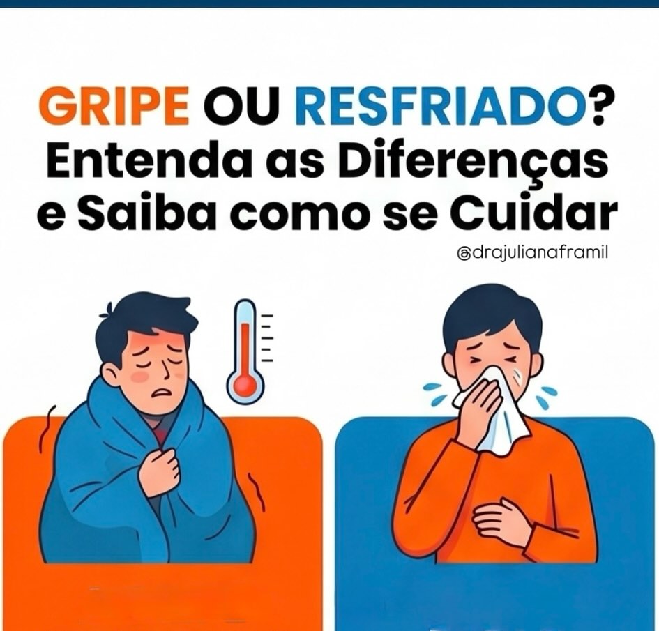Gripe ou resfriado? 🤧🤒 Saiba diferenciar!
🔹 O que são:
• Resfriado: infecção viral leve das vias aéreas superiores.
• Gripe/Síndrome Gripal: infecção viral mais intensa, com maior risco de complicações.
🔹 Causas:
• Resfriado: geralmente por Rhinovirus. Outros vírus, como coronavírus sazonal e bocavírus também podem causar.
• Síndrome Gripal: a gripe é causada principalmente pelos vírus Influenza A e B. O vírus da COVID-19, Metapneumovírus, Parainfluenza, dentre outros também podem ser causadores de síndromes gripais.
🔹 Principais sintomas:
• Resfriado: coriza, espirros, dor de garganta, tosse leve, raramente febre.
• Gripe: febre alta, dores no corpo, dor de cabeça, cansaço intenso, tosse seca.
🚨 Sinais de alarme:
Falta de ar, febre persistente, dor no peito, confusão mental → na presença desses sintomas, procure atendimento médico.
💊 Tratamento:
Repouso, hidratação, controle dos sintomas com orientação médica. Evite automedicação.
Para alguns vírus, há tratamento específico com antivirais. O oseltamivir (tamiflu) é usado para tratamento do Influenza. Para o vírus da COVID-19, podemos usar o Rendesivir (para casos graves ou de alto risco para complicações) ou o Paxlovid (utilizado em pacientes de risco para complicação).
💉 Vacinação:
As vacinas contra a gripe e contra a COVID-19 reduzem as formas graves, internações e mortes. É essencial para gestantes, idosos, crianças e pessoas com comorbidades. A vacina contra o Vírus Sincicial Respiratório está disponível para gestantes e idosos. Com essa estratégia, protegemos os bebês pequenos, com a passagem dos anticorpos pela placenta e pelo leite materno.
👩⚕️ Em caso de dúvidas ou sintomas importantes, busque um profissional de saúde. Se prevenir e receber atendimento precoce fazem a diferença!
#gripe #resfriado #covid #influenza #prevenção