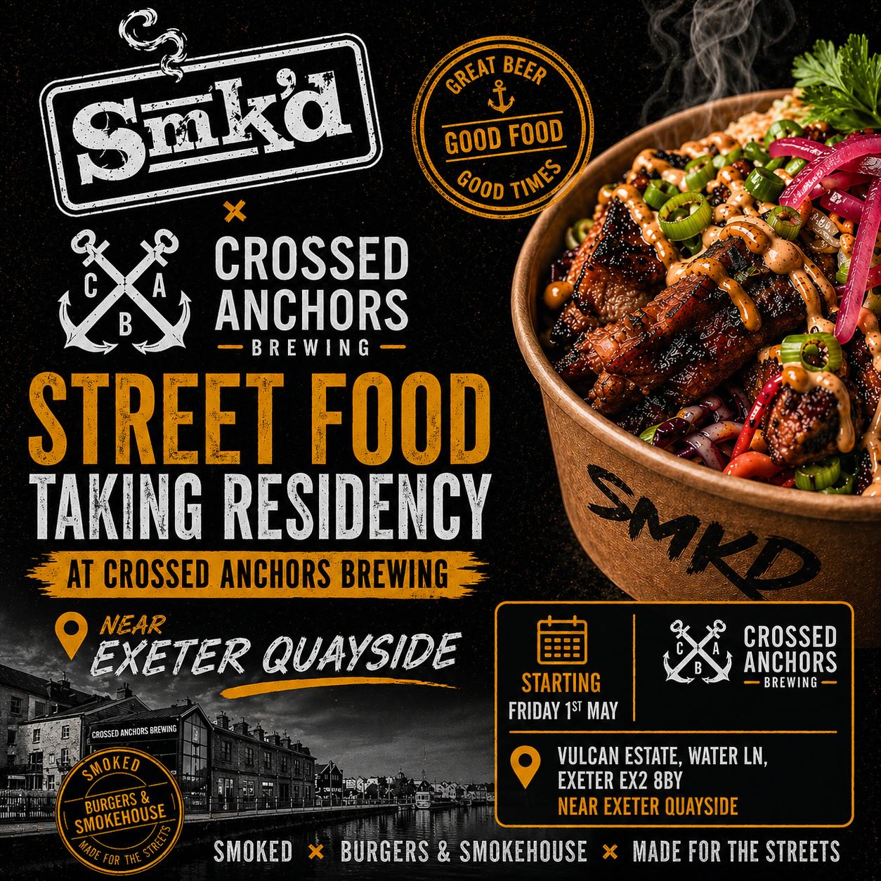 SMKD is bringing burgers & smokehouse to Crossed Anchors Brewery🔥
Think:
👉 Smoky, sticky, flavour-packed meats
👉 Proper stacked burgers
📅 From Friday 1st May
📍 Crossed Anchors Brewing, Near Exeter Quayside
Good beer. Good food. Good times.
@crossedanchorsbrewing @cheftimgolder #getsmkd #exeter #burgers #smokehouse