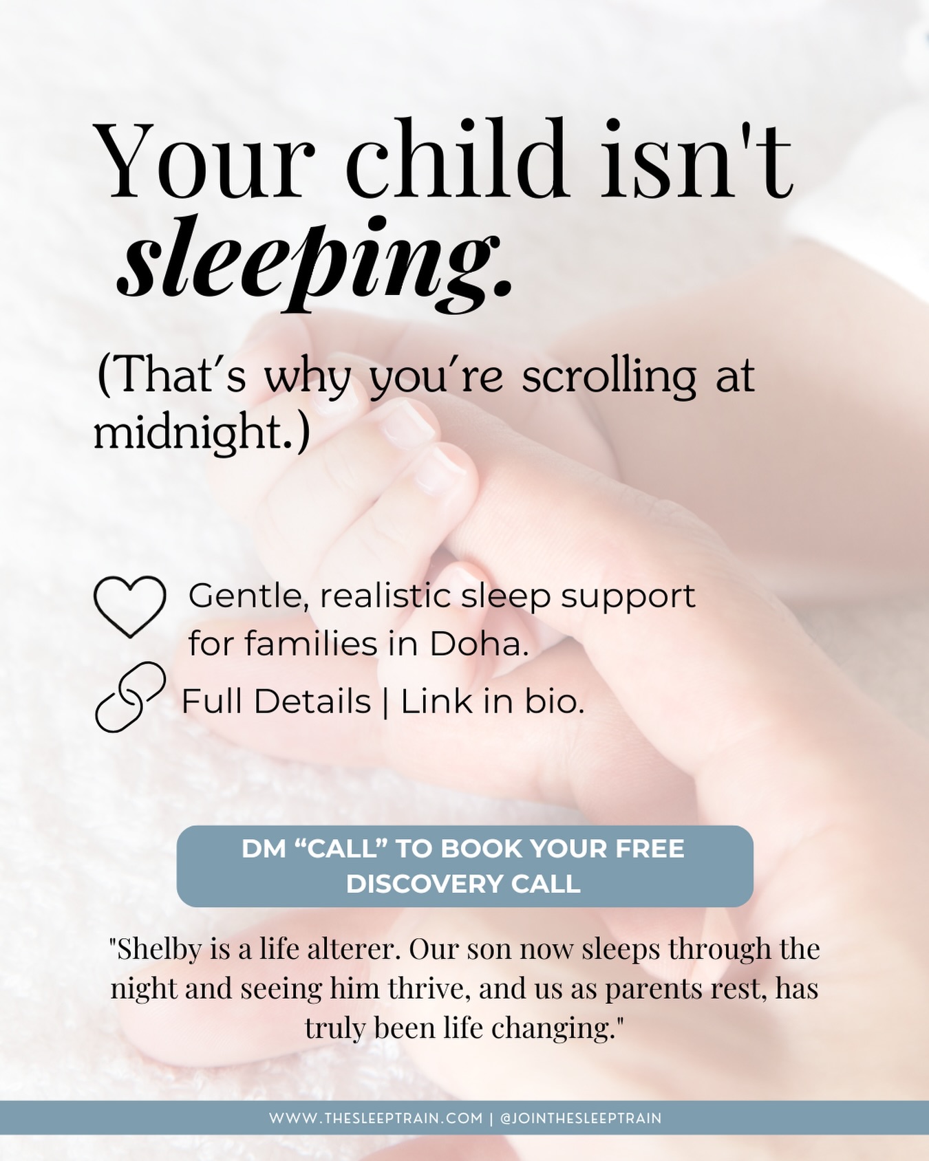 Your child isn’t sleeping.
You’re exhausted.
And you’ve probably been told it’ll just sort itself out.
Every family reaches a point where they’re ready for change.
If you’re scrolling at midnight, you’re in the right place.
I’m Shelby, a certified sleep consultant in Doha. Most people give up because they don’t have the right support. That’s exactly why I’m here.
Book your free 15-minute discovery call → Link in bio
Or DM me “CALL”
#dohamums #dohakids #doha #sleep
-> What’s your biggest sleep struggle?