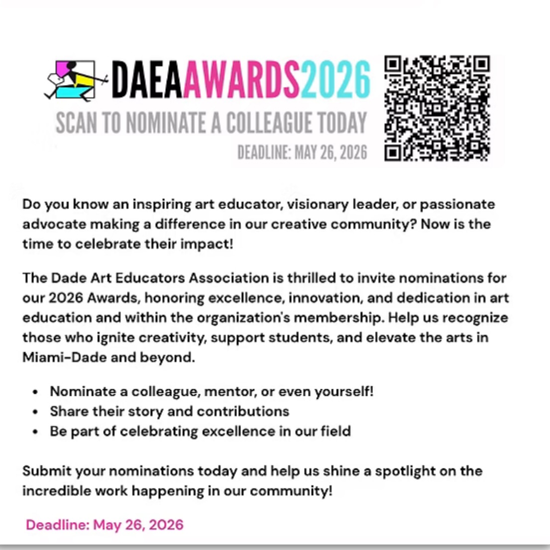 The time has come to nominate for the 2026 DAEA Awards. Nominate a colleague, mentor, or even yourself!. All information can be found on the DAEA website. If you have any questions, please reach out to us.
Deadline to nominate is May 26, 2026