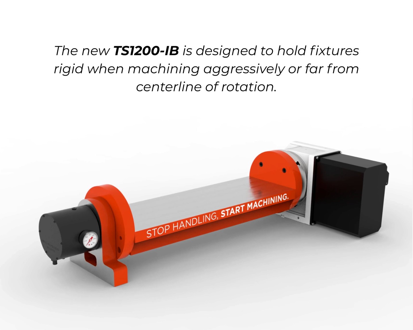 A standard rotary brake handles most setups fine. Longer fixtures, heavier parts, more offset from centerline... that's where it starts to fall short.
The TS1200-IB picks up where the internal brake leaves off. Integrated booster, fewer fittings, cleaner install. The axis locks and holds.
Swipe to see how it works!