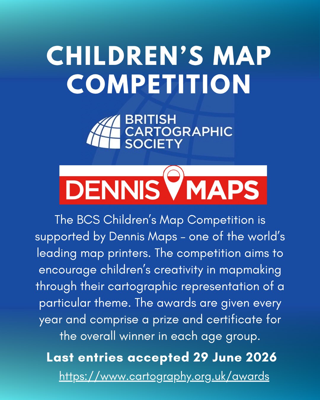 Children's Map Competition 2026 - Supported by @dennismaps
The BCS Childrenās Map Competition is supported by Dennis Maps ā one of the worldās leading map printers.
The competition aims to encourage childrenās creativity in mapmaking through their cartographic representation of a particular theme. The awards are given every year and comprise a prize and a certificate for the overall winner in each age group.
THE BCS AWARDS FOR 2026 ARE NOW OPEN. Winners will be announced at the BCS Annual Conference in September.
š See link in bio /awards