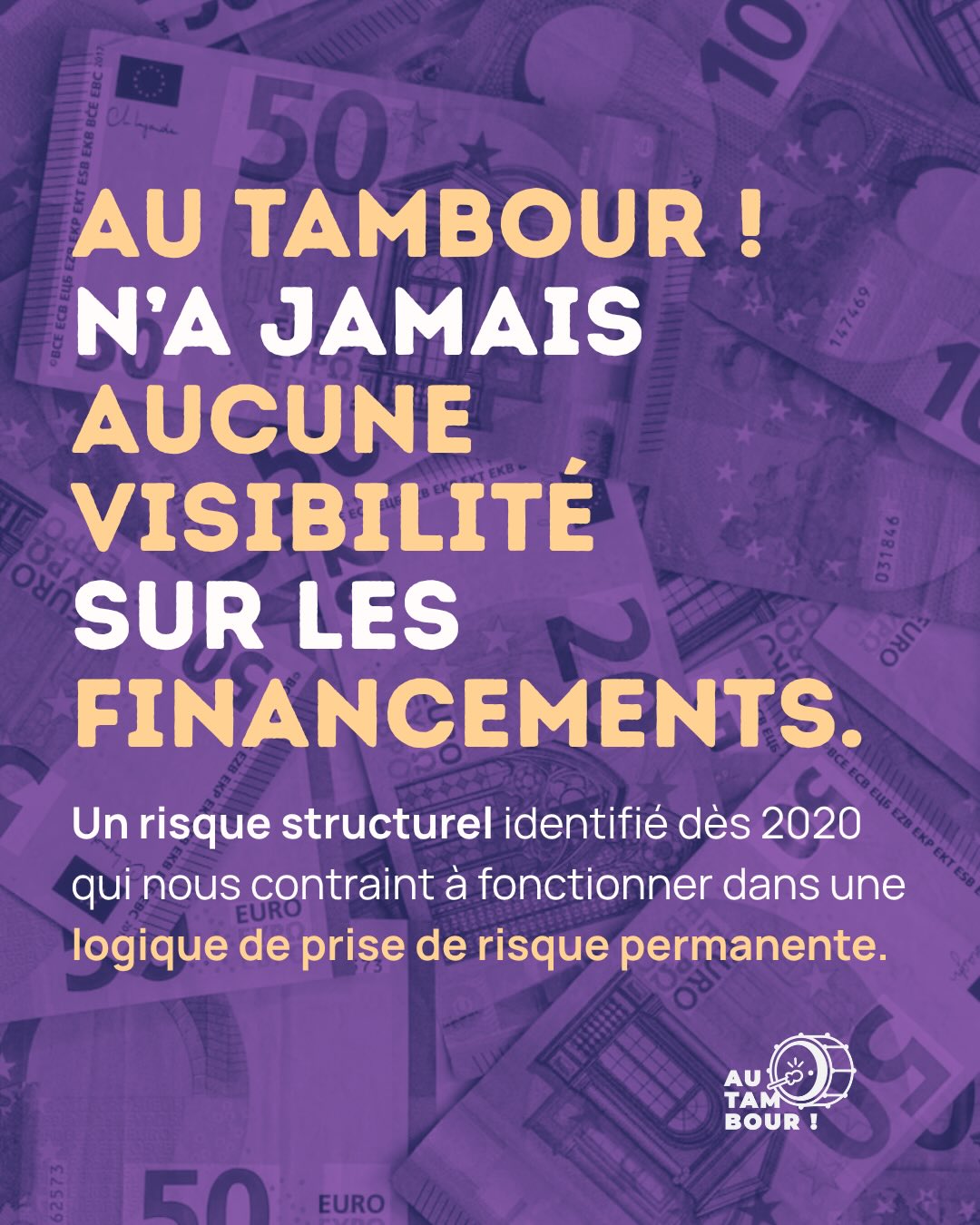 đšAu Tambour ! nâa jamais aucune visibilitĂ© sur les financements.
- pas de financement public pluri-annuel
- incertitudes sur les montants allouĂ©s et la date de versement des fondsÂ
- baisse des financement des collectivités locales
- recherche continue de financements privés
đĄCertaines annĂ©es finissent bien, avec un excĂ©dent qui nous permet de tenir quelques mois.
Dâautres mal. Comme en 2025. âšđšđšđšAujourdâhui, notre trĂ©sorerie couvre Ă peine 1 mois.
Cette instabilitĂ© nous contraint Ă fonctionner dans une logique de prise de risque permanente qui fragilise sĂ©rieusement lâasso et a un gros impact sur la santĂ© mentale.
Heureusement quâil y a de bonnes nouvelles parfois, que notre Ă©quipe est faite de đ et que vous ĂȘtes lĂ đ«¶đŒMerci pour vos partages et votre soutien âđŒâđŸâđœâđż