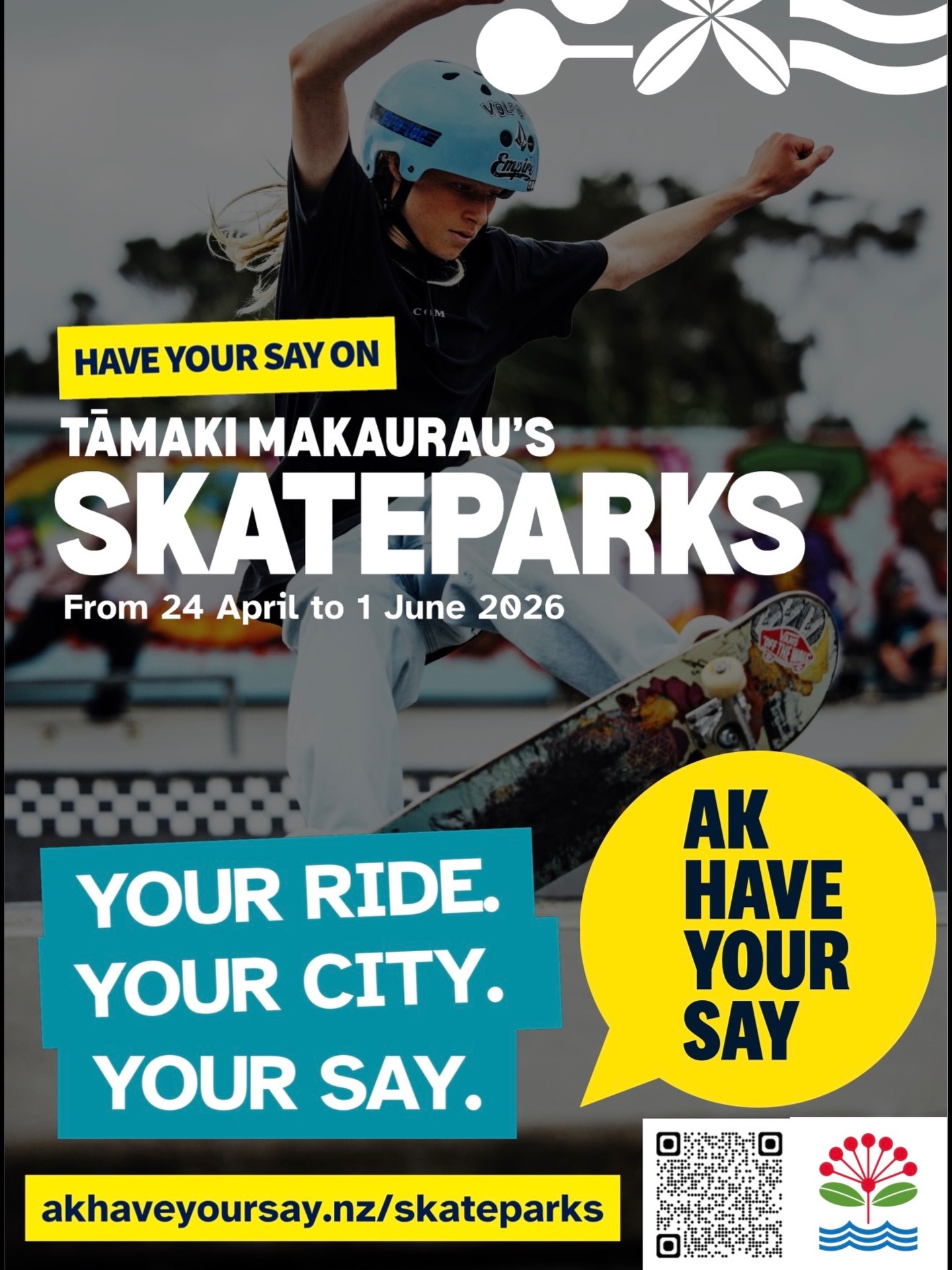 Aucklanders!! Skaters, parents of skaters, any wheeled sports users in Auckland!! ‼️🚨 @aklcouncil is after feedback on how you currently use skateparks and how you want to see future skateparks designed ❤️
This plan will support @aklcouncil with a coordinated, long-term approach to providing quality skateparks across Auckland.
You can complete the form online, or you can even share creative ideas through video, image and text and win prizes 🥰
Now is your chance to have your say on the future of skateparks in Auckland ❤️
https://akhaveyoursay.aucklandcouncil.govt.nz/skateparksska