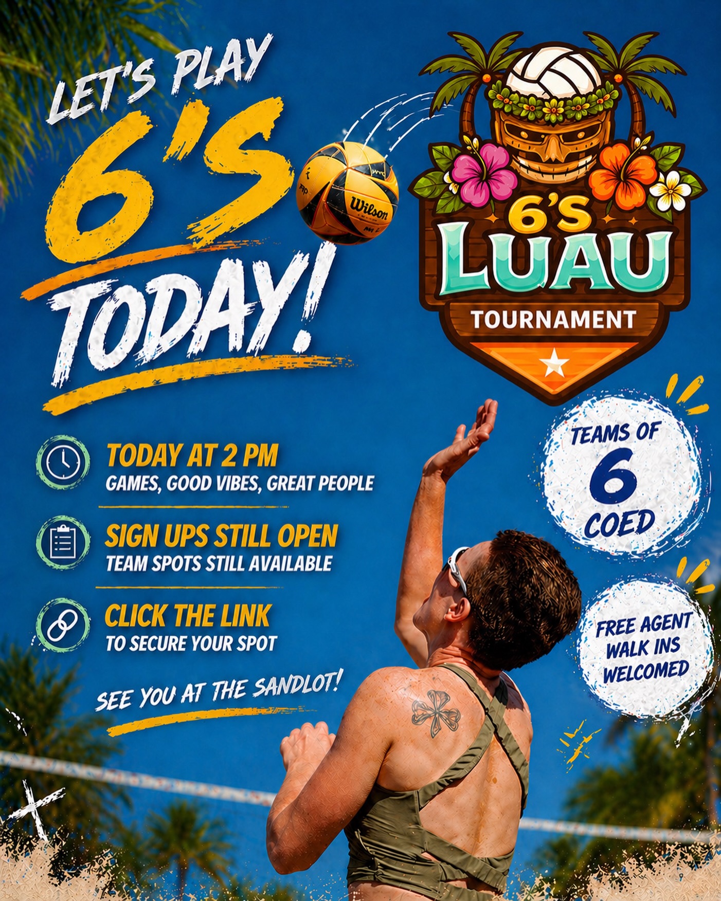 Last chance to get in on this tournament‼️🌺🏐
Team spots are still available, and walk ins are welcomed!
Click the link below or head to the tournaments tab on our website to secure your spot before sign-ups close.
https://www.sandlotsportscr.com/events/6s-luau-tournament